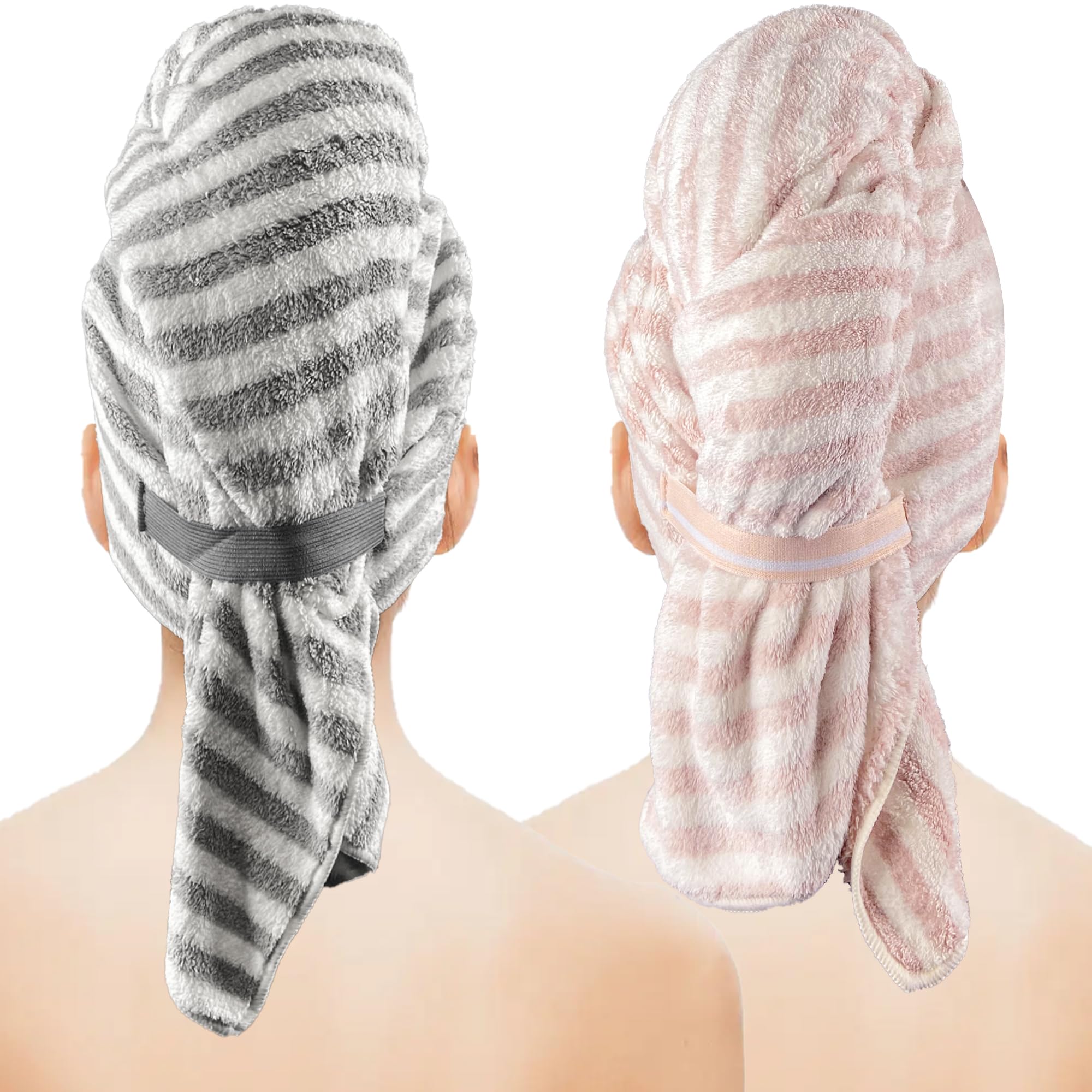 Stripe Microfiber Hair Towel Wrap for Women - 2Pack Super Absorbent Hair Drying Towels for Curly Hair,Anti Frizz Extra Large Hair Towel Wrap