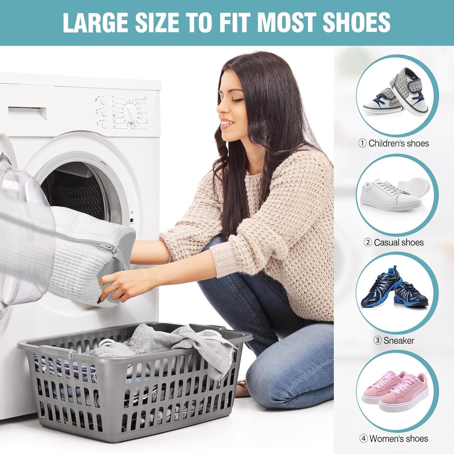 2 Pcs Shoe Washing Machine Bags with 4 Adjustable Shoe Trees, XXL Laundry Bags for Washer and Dryer, Sturdy Zipper with Hook Design, Reusable Cleaning Bag for Sneaker, Tennis (White)