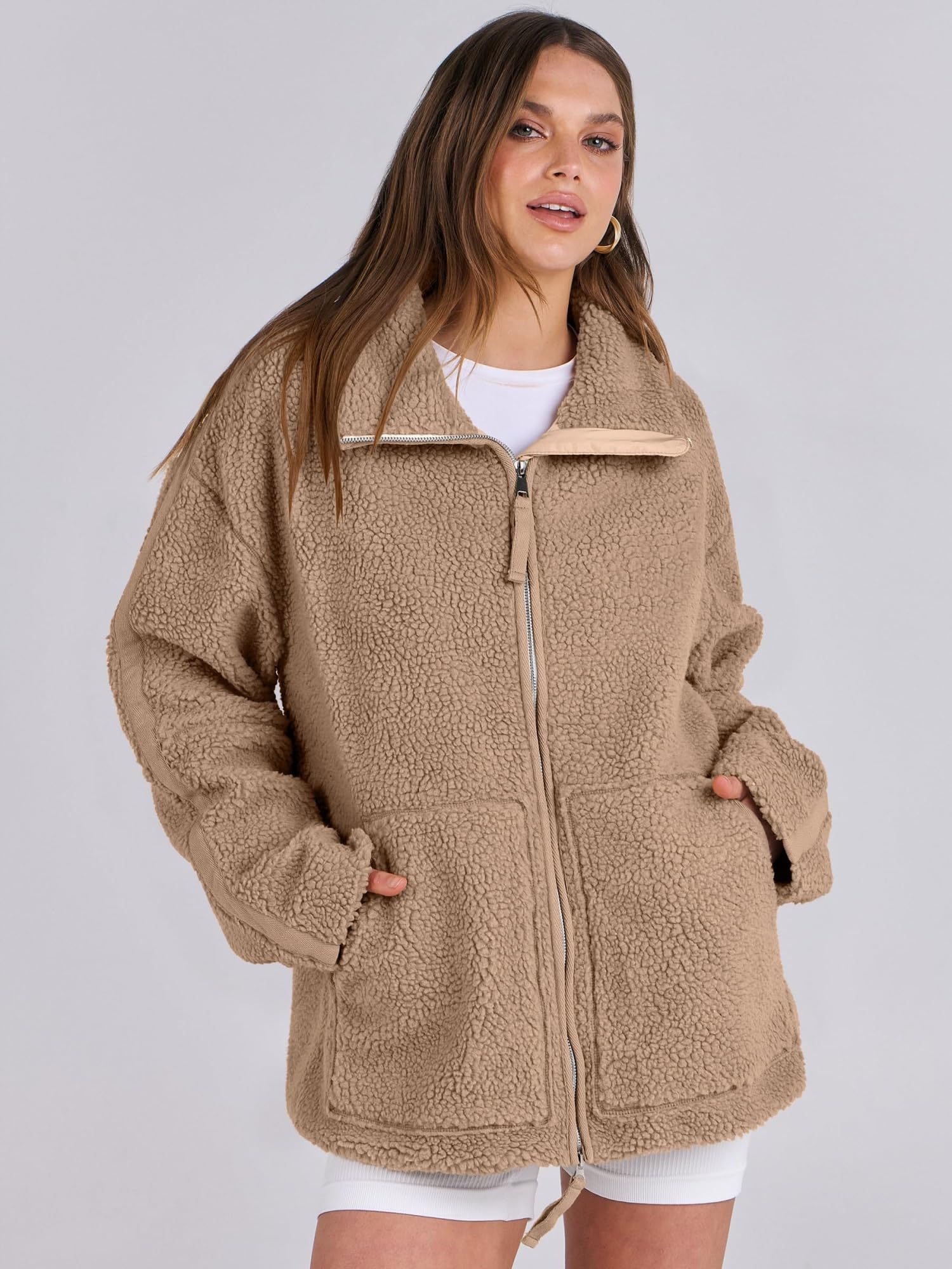 Damska kurtka polarowa Oversize Zip Up Sherpa Fuzzy Casual Płaszcze Zimowa, jesienna odzież wierzchnia Odzież z kieszeniami