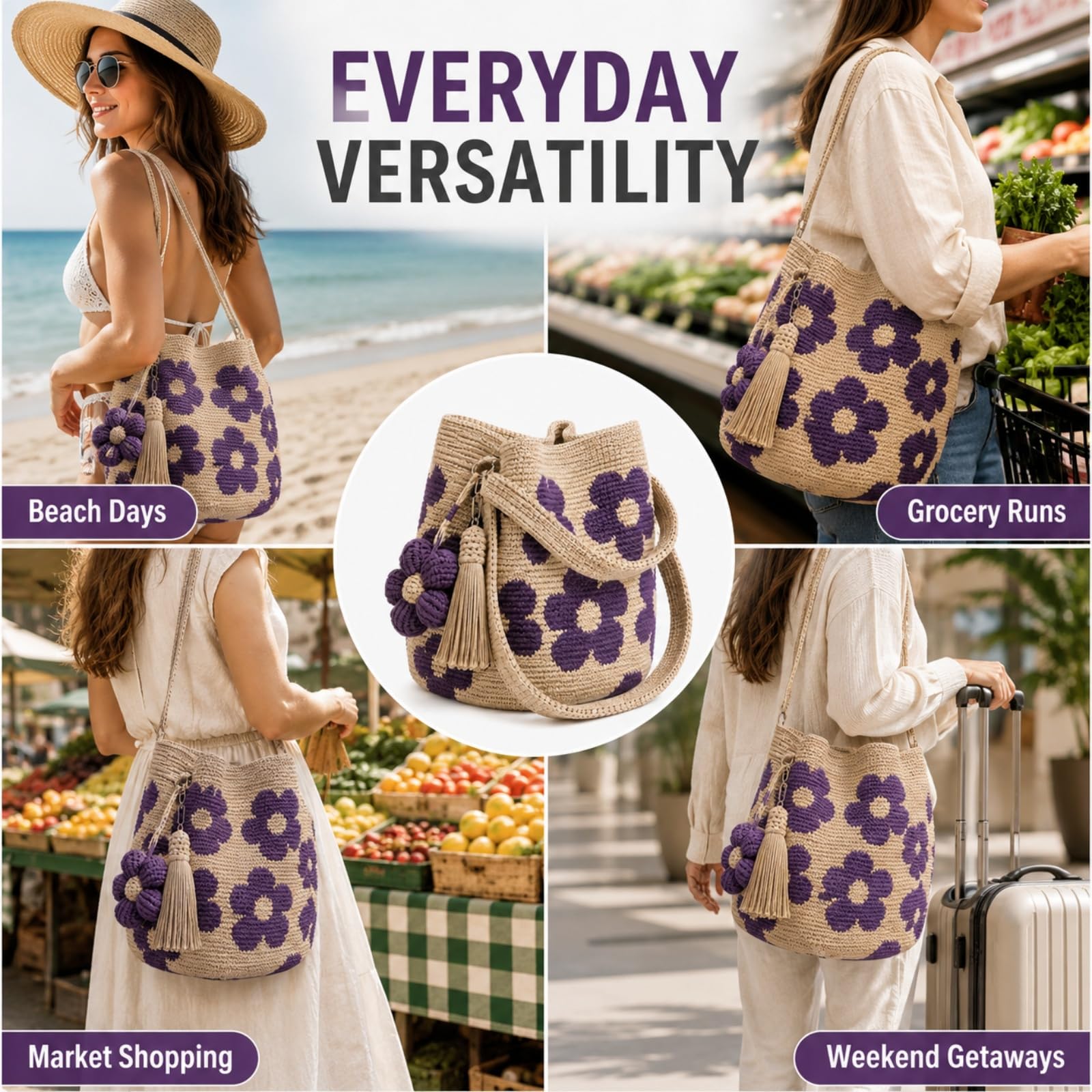 Handmade Crochet Flower Tote Bag, Boho Knit Floral Purse Bag Gifts, 2026 Summer Crochet Purses for Women Vacation