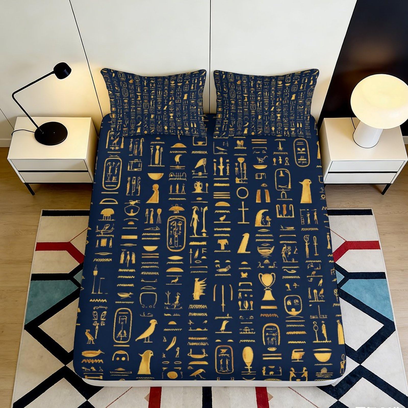 Jqzkxnhpbr Style-4 3D Printed Egyptian Hieroglyphs Fitted Sheet Microfiber Navy Gold Mattress Cover Anti-Slip Easy Care For Bedroom Guest Room 90X200x25cm