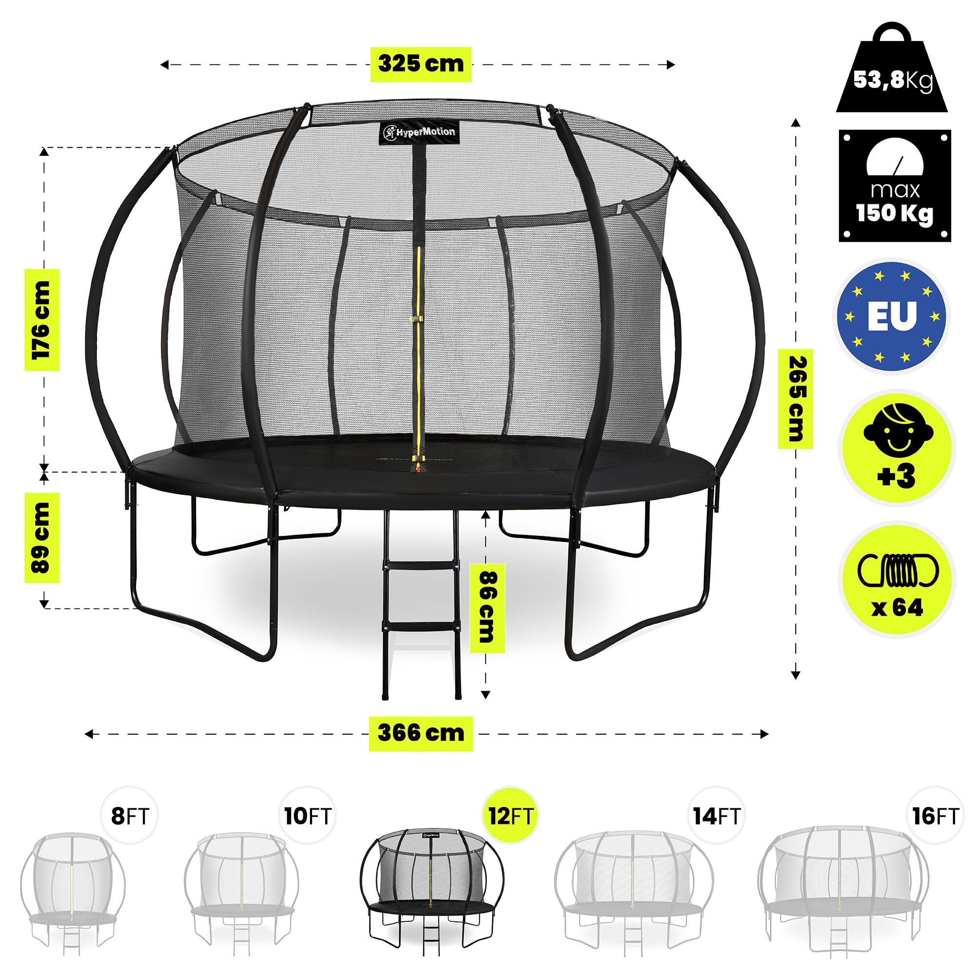 Hypermotion Trampoline Exterieur Enfant 3 Ans 244/305/366/430/487 cm Séchage Rapide et Déperlant – Excellente Élasticité de Saut – Trampoline de Jardin avec Filet de Sécurité