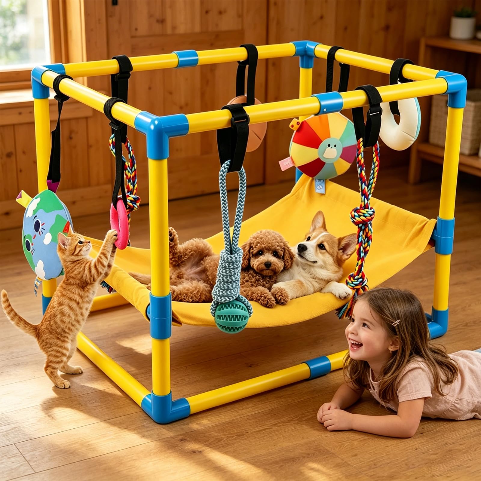 Parc de jeu pour chiots avec 8 jouets, aire de jeux jungle, aire de jeu pour chien avec cadre en PVC, salle de sport pour petits chiens, hamac pour divertissement pour l'entraînement et