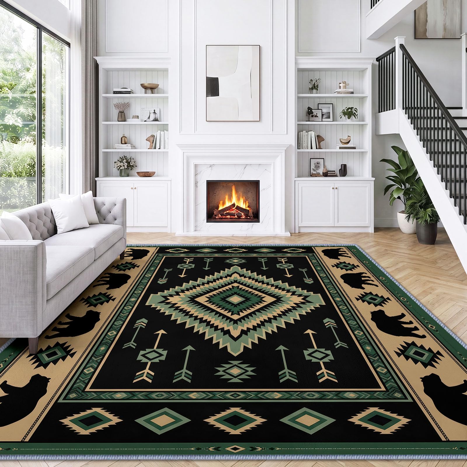 Waschbarer Wohnzimmerteppich 180 x 240 cm Traditionelle Ethnische Geometrische Raute Pfeil Flauschig Weich Teppiche, Schwarz rutschfest Pflegeleicht Teppiche für Wohnzimmer Schlafzimmer Kinderzimer