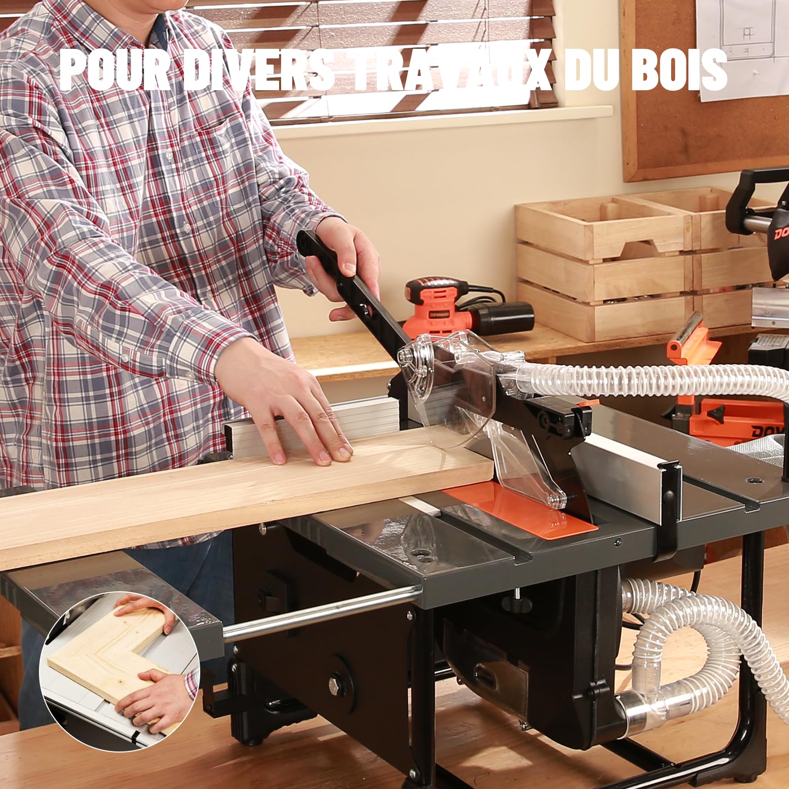 Dovaman DTS02M Scie circulaire de table, 98% d'aspiration, 2000 W, lame 216 mm, coupe à onglet 0-45°, profondeur 45-60 mm