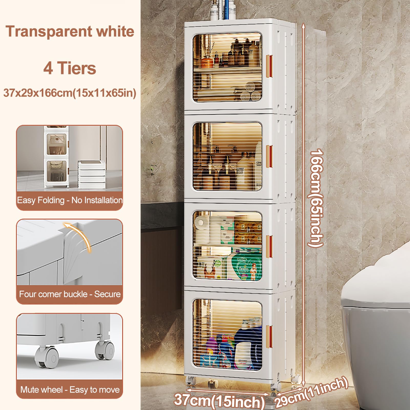 Contenitori portaoggetti impilabili in plastica Trasparente a 4 Ripiani con Ruote - Ideali per l'organizzazione di Soggiorno, Camera da Letto, dormitorio, Lavanderia e Cucina, Soluzione Salv
