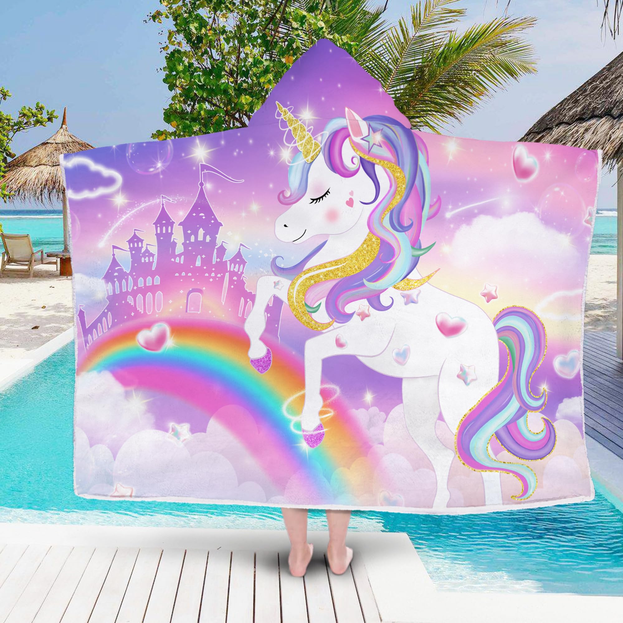 FUTBU Einhorn-Strandtuch mit Kapuze, Einhorn-Poncho-Handtuch für Mädchen, niedliches Cartoon-Motiv, weich, saugfähig, Badetücher mit Kapuze, für Kinder, Kleinkinder, 76,2 x 127 cm, Bademantel mit