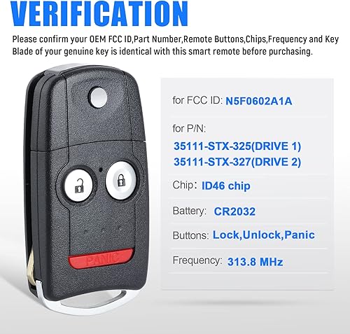 Miniatura 10 de Keymall Reemplazo remoto de entrada sin llave para Acura MDXRDX 2007 2008 2009 2010 2011 2012 2013 FCC IDN5F0602A1A PN35111-STX-316 4 botones