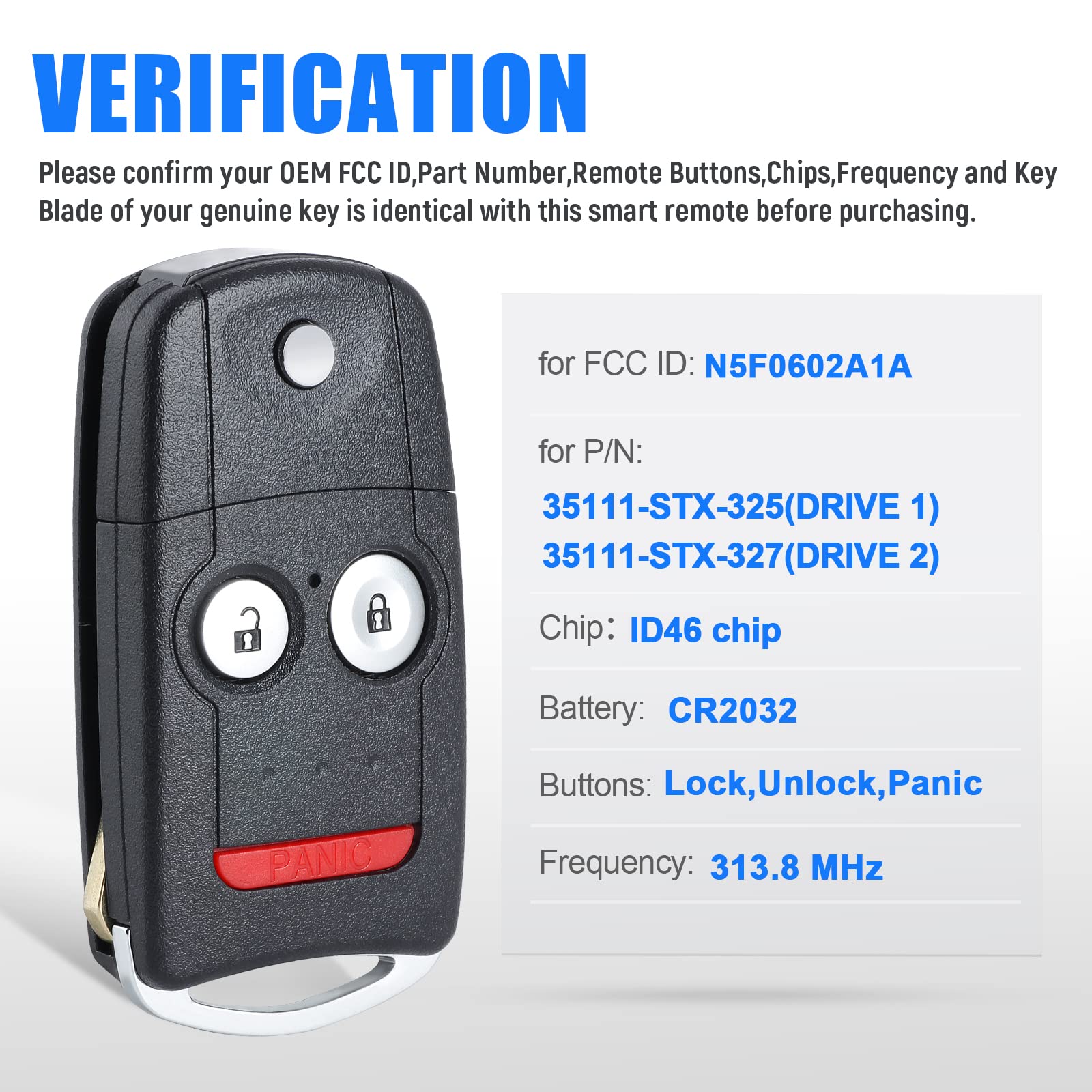 Keymall Telecomando di ricambio per chiavi auto per Acura MDX/RDX 2007 2008 2009 2010 2011 2012 2013 FCC ID:N5F0602A1A P/N:35111-STX-325/327 3 pulsanti..