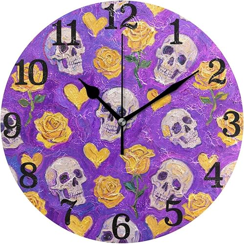KLL Skull Yellow Rose Heart Oil Painting 10 Inch Round Wall Clock Retro Non Ticking Easy to Read for Classroom School Office relojes de pared para
