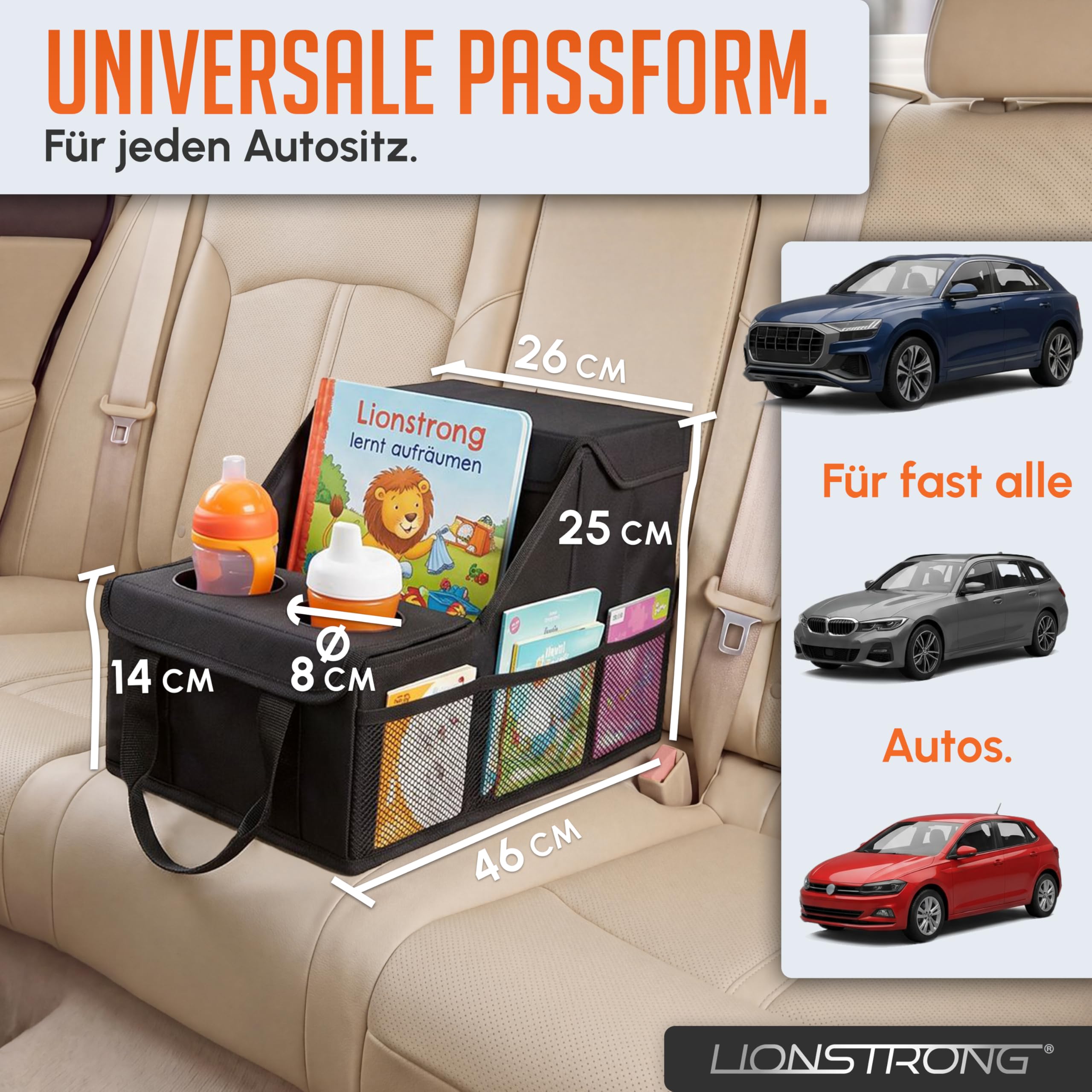 LIONSTRONG® Auto Organizer [EXTREM STABIL DURCH KUNSTSTOFFPLATTEN] - Universeller Rückbank Organizer für den Rücksitz & Beifahrersitz - Ideal für den Urlaub, viel Platz für Spielzeug - Wasserabweisend