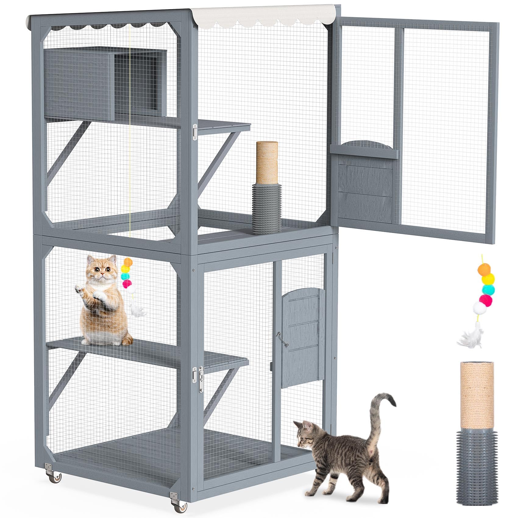 PETIMBER Catio Outdoor Cat Enclosure, 4 Tiers Wooden Cat House with Wheels, 63