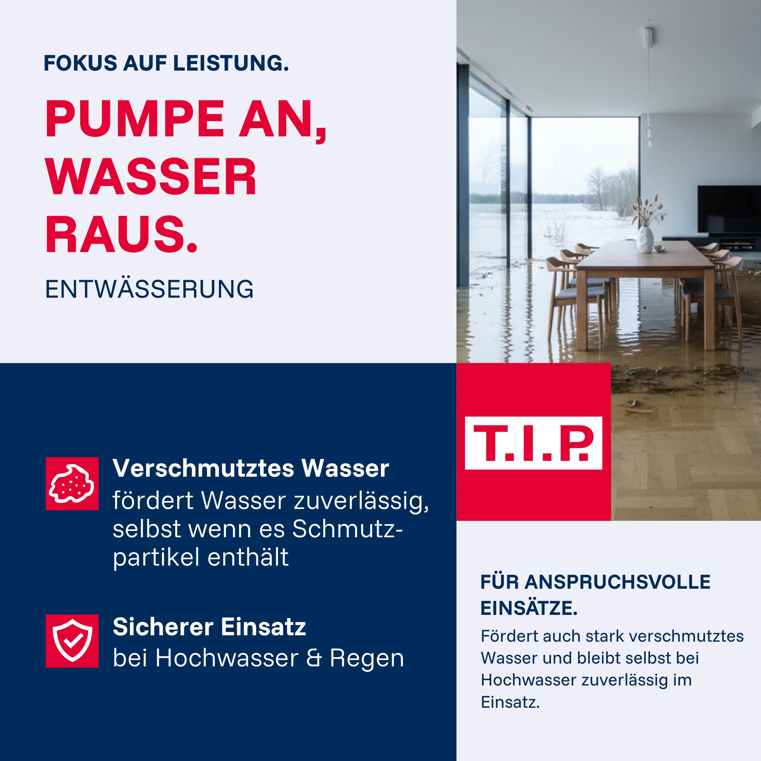 T.I.P. Schmutzwasser Tauchpumpe (7.000 l/h Fördermenge, 5 m Förderhöhe, 0,5 bar Druck, 300 W, 20 mm Korngröße, GFK Pumpengehäuse, VORTEX Laufrad, Inkl. Schlauchanschlußbogen) TVX 7000, 30268