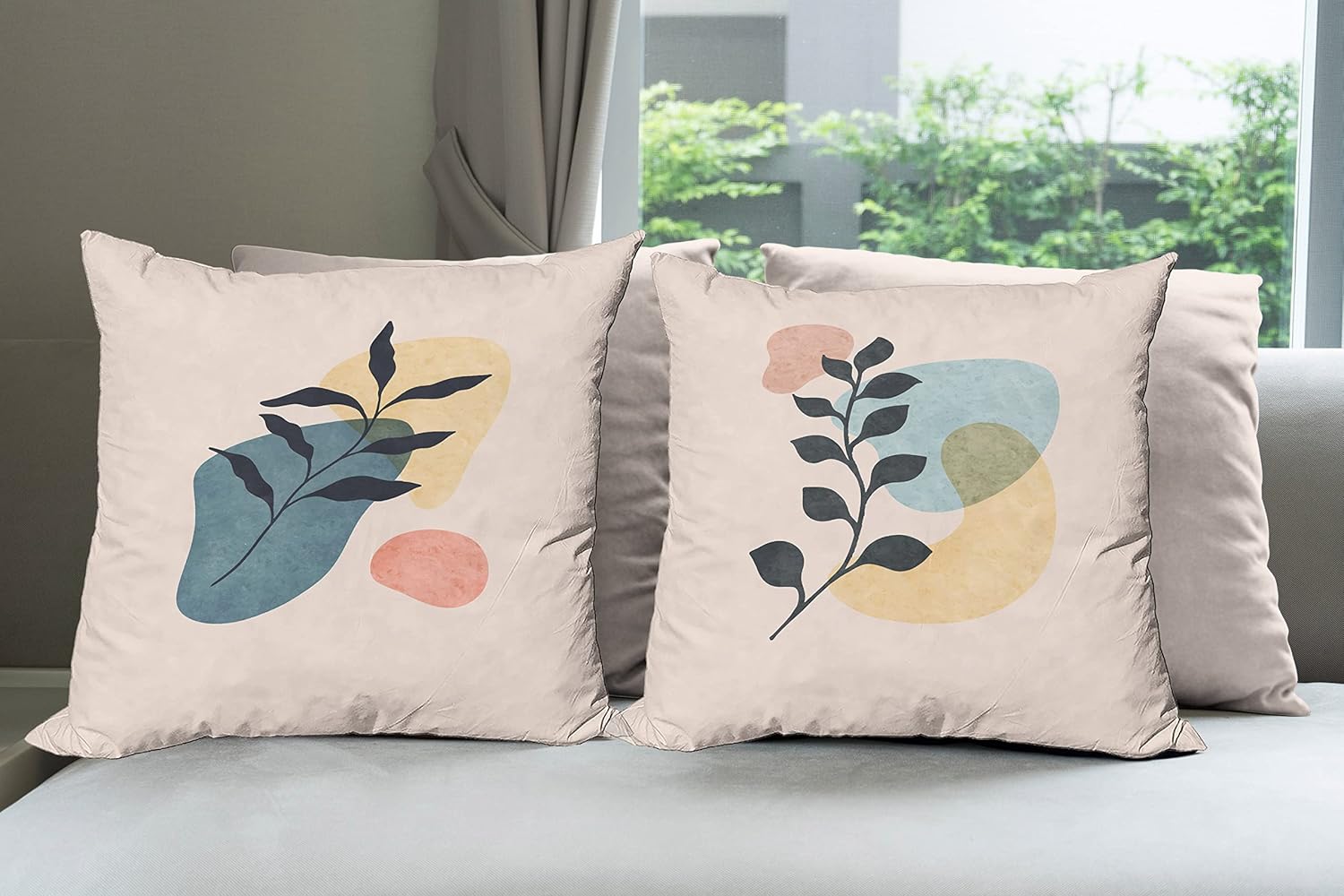 Ambesonne Leaf Print Throw Pillow Cushion Case Pack of 4, Modern Leaves Motif on Watercolor Oval Shapes Abstract Botanical Look, Modern Accent Double-Sided Digital Printing, 18", Eggshell Multicolor