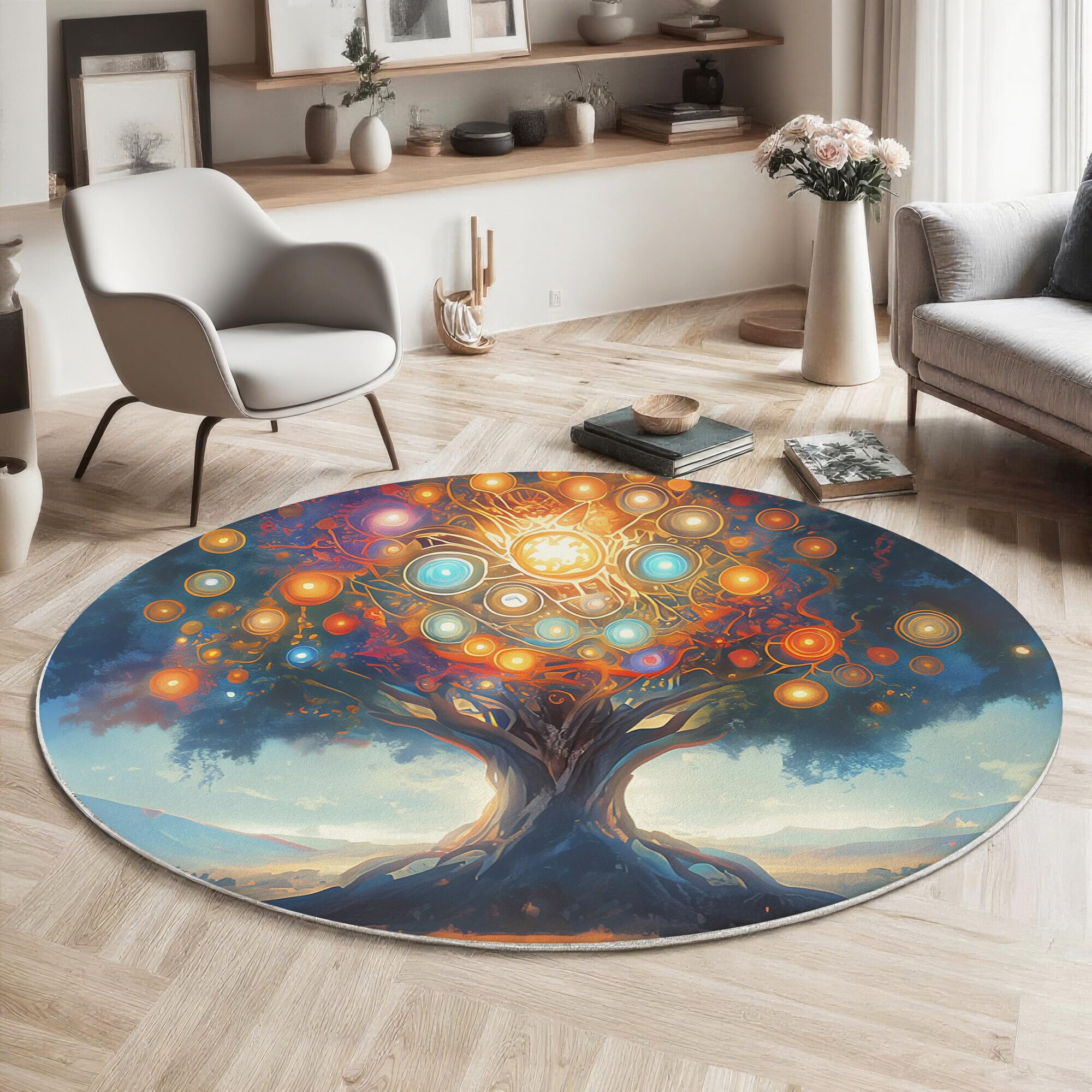 Tapis rond salon noir 120cm à motif mandala et arbres pour décoration intérieure