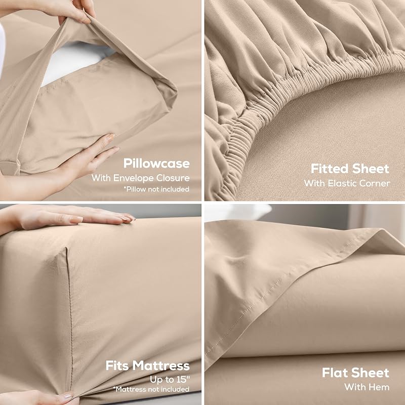Queen Sheets Set, 4 Pieces 16" Deep Pocket Hotel Luxury Bed Sheets, Beige image 4