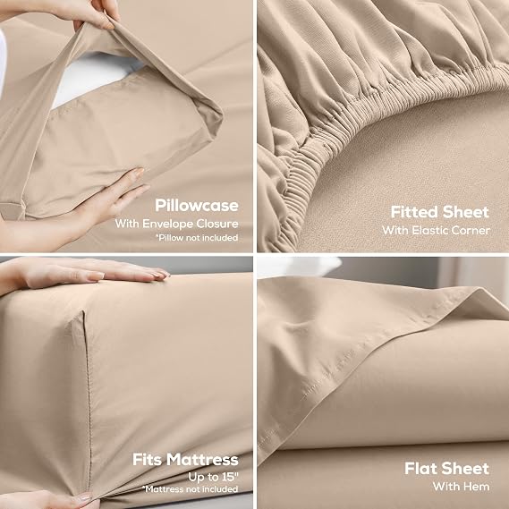 Twin Sheets Set, 3 Pieces 16 Deep Pocket Hotel Luxury Bed Sheets, Beige | Extra Soft Bedsheet Set, Comfy & Breathable Cooling Sheets, Wrinkle & Fade Resistant, Fitted Sheet, Flat Sheet, 1 Pillowcase