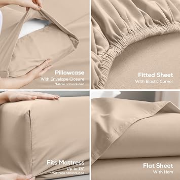 Twin Sheets Set, 3 Pieces 16 Deep Pocket Hotel Luxury Bed Sheets, Beige | Extra Soft Bedsheet Set, Comfy & Breathable Cooling Sheets, Wrinkle & Fade Resistant, Fitted Sheet, Flat Sheet, 1 Pillowcase