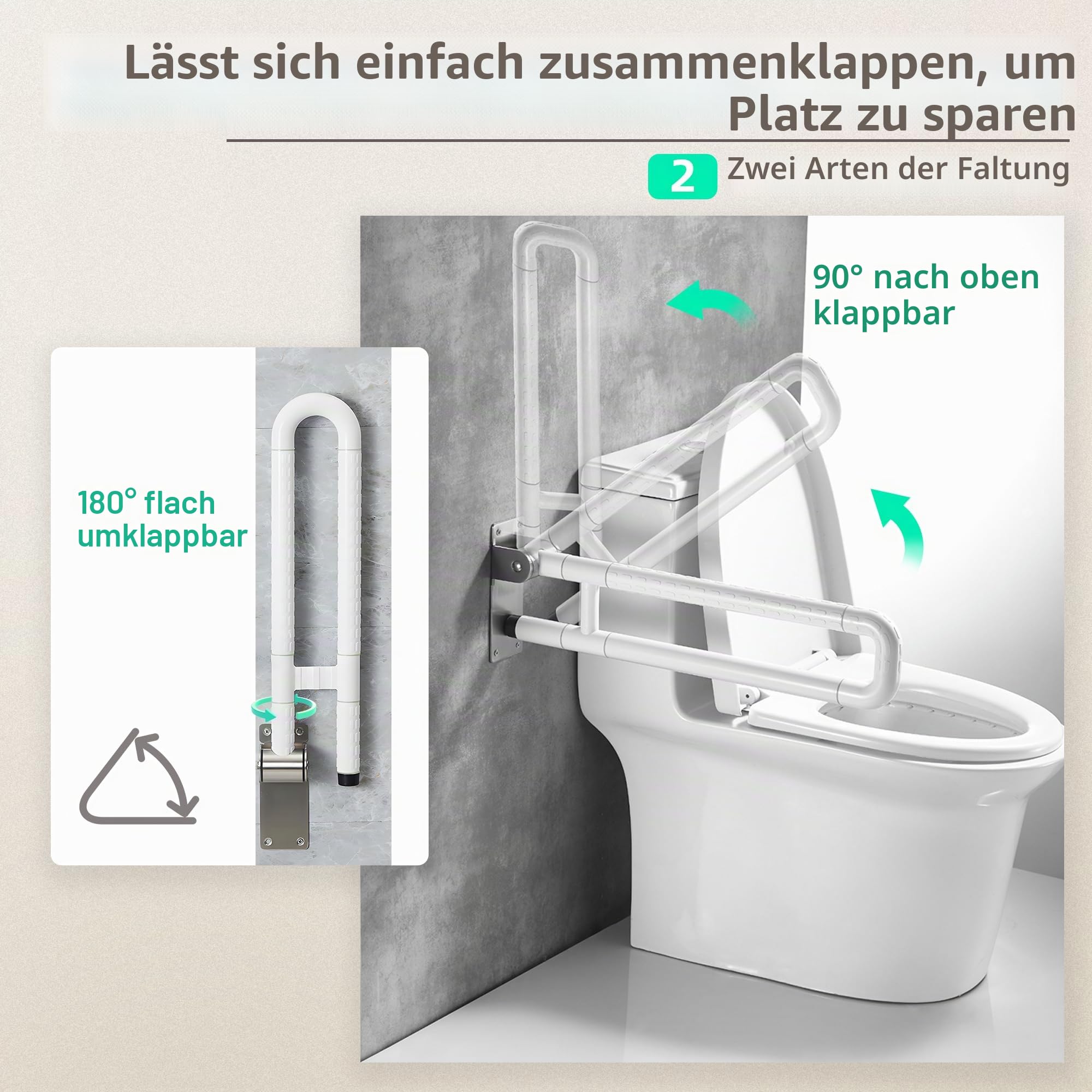 ITSOGOO Haltegriff für Senioren 70cm Behinderten WC Haltegriff mit Rutschfestem Griff,Aufstehhilfe Toilette,Dusche Klappbar Griff,Edelstahl,mit Einer Tragfähigkeit von 250kg Weiß
