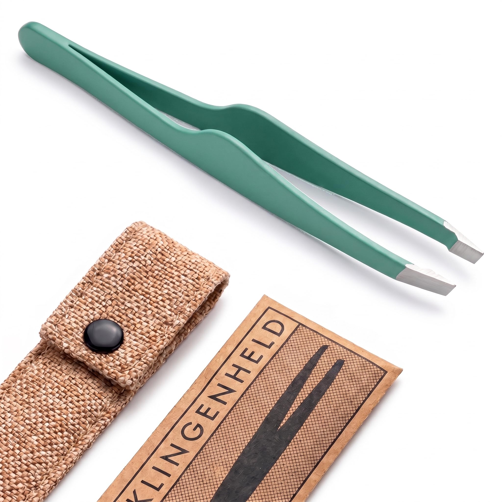 KLINGENHELD® Haargenaue Pinzette - greift jedes Haar beim 1. Versuch ohne durchrutschen - Pinzette Augenbrauen Zupfen handgeschliffen, schließt Jahr für Jahr bündig - Jute-Etui (50 Farben)