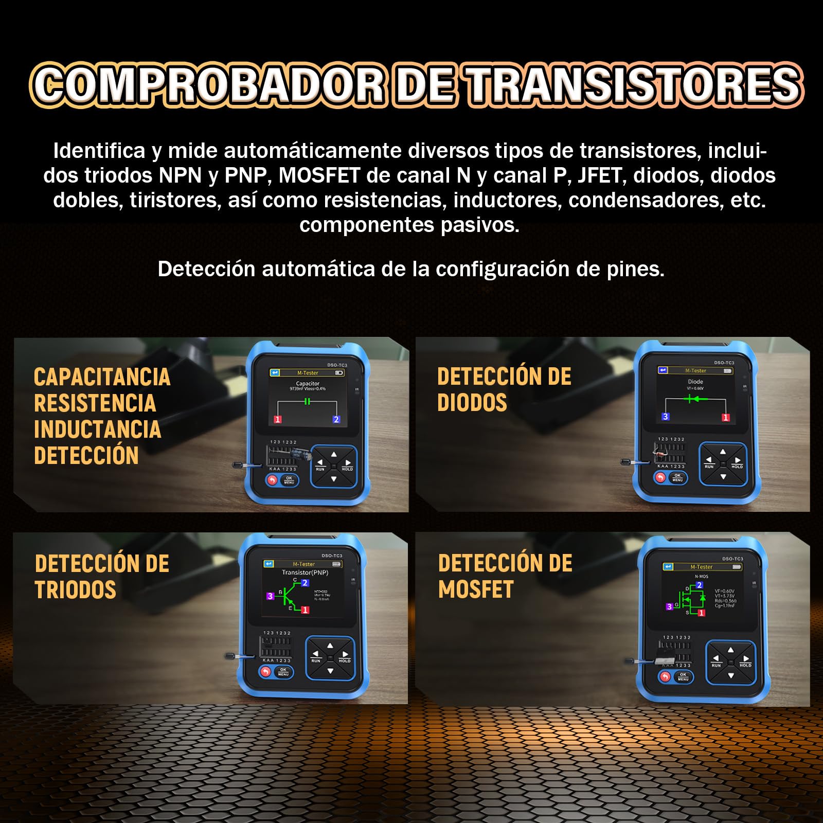 DSO-TC3 Osciloscopio Portátil 3 en 1, Generador de Señales DDS y Comprobador de Transistores, Ancho de banda de 500kHz, 10MSa/s, Batería de 1500mAh, Probador Multifunción de Bolsillo (Modelo HC)