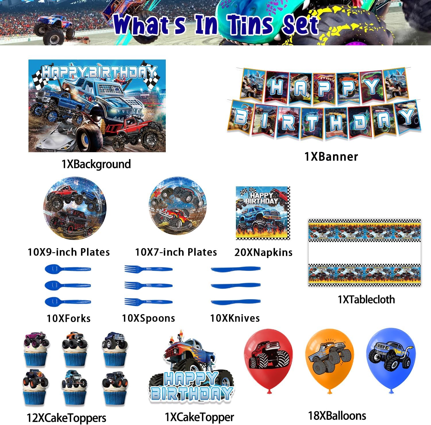 104Pcs Monster Truck Decorations，Monster Truck Birthday Party Supplies，Monster Truck Party decorations，Include Balloons,Backdrop,Banner, Cake Toppers，Tableware, Tablecloth