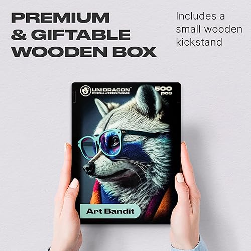 Miniatura 4 de UNIDRAGON Rompecabezas de madera originales  Colección Pop Art Glow Up  Bandit  Rompecabezas de mapache de 500 piezas, hermoso paquete de regalo,