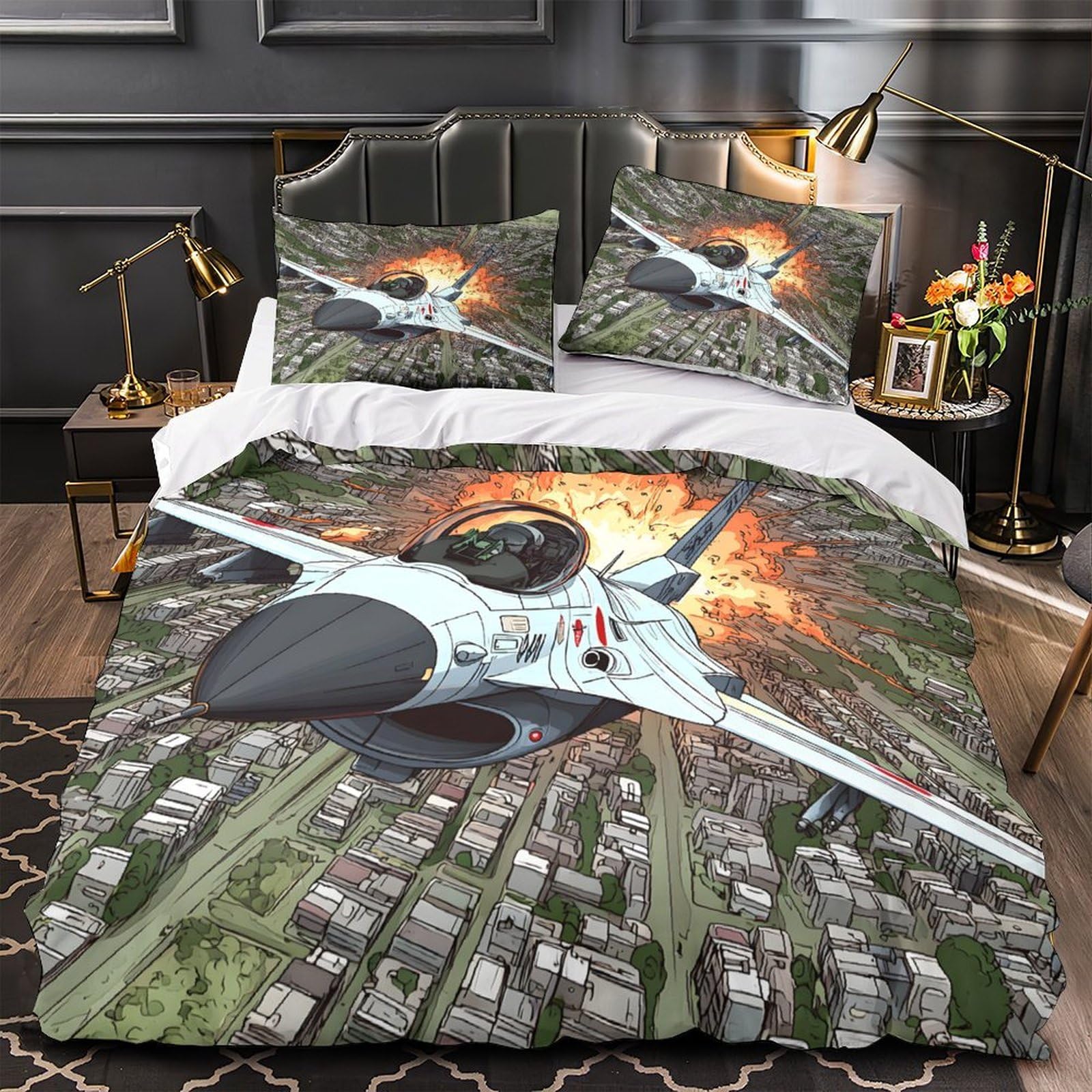 Housse de couette avion de chasse douce contre allergies parure lit adulte 135x200
