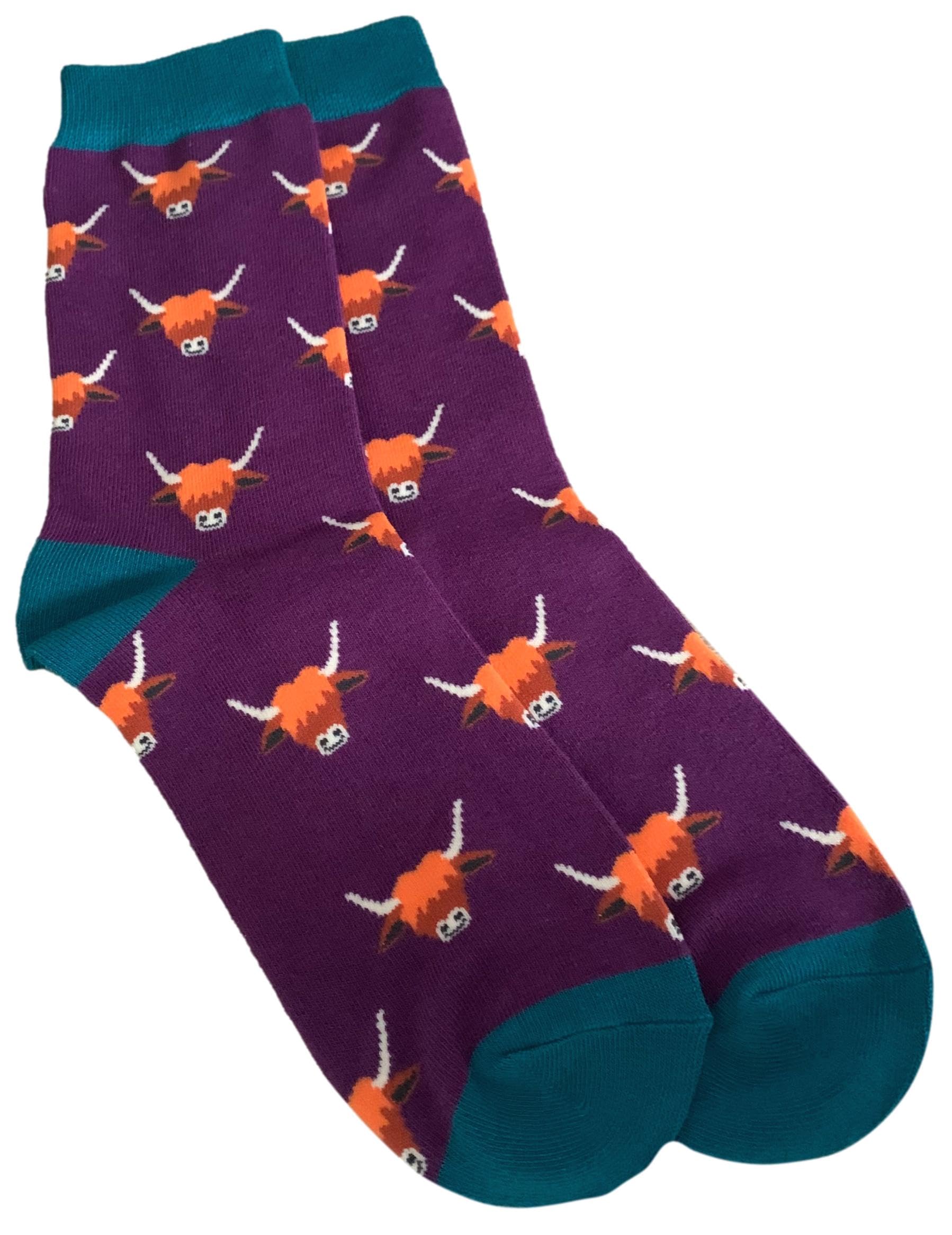 Purple Possum Men's Purple Possum® Highland Cow Socks Coloured Bamboo Cotton Blend Gents Novelty Highland Cattle Socks Size 7-11
