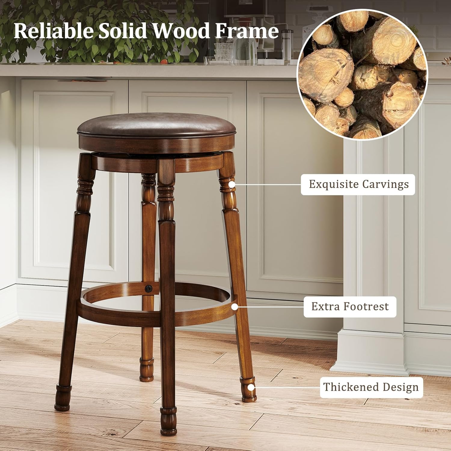 Giantex Swivel Bar Stools Set of 2, 29" Bar Height Bar Stools w/Faux Leather Padded Seat, Footrests, Solid Wooden Frame, Farmhouse Backless Barstools for Kitchen Island, Pub, Dining Room, Cafe
