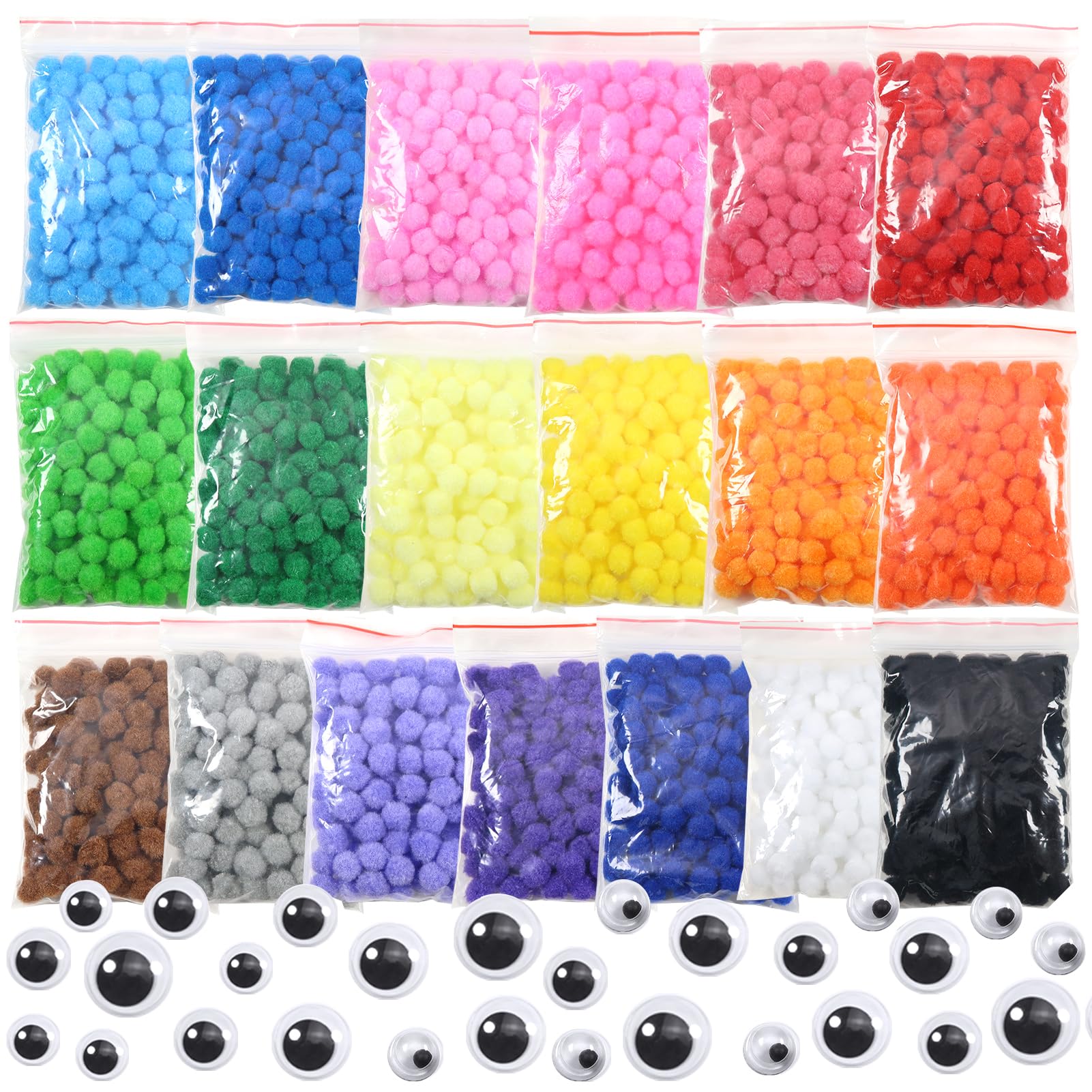 TOAOB 1900pcs Pompoms for Crafts Small Size Pom Poms Balls Approximately 1cm Multi Color Fuzzy Art Supplies with Wiggle Eyes for DIY Crafts Decorations