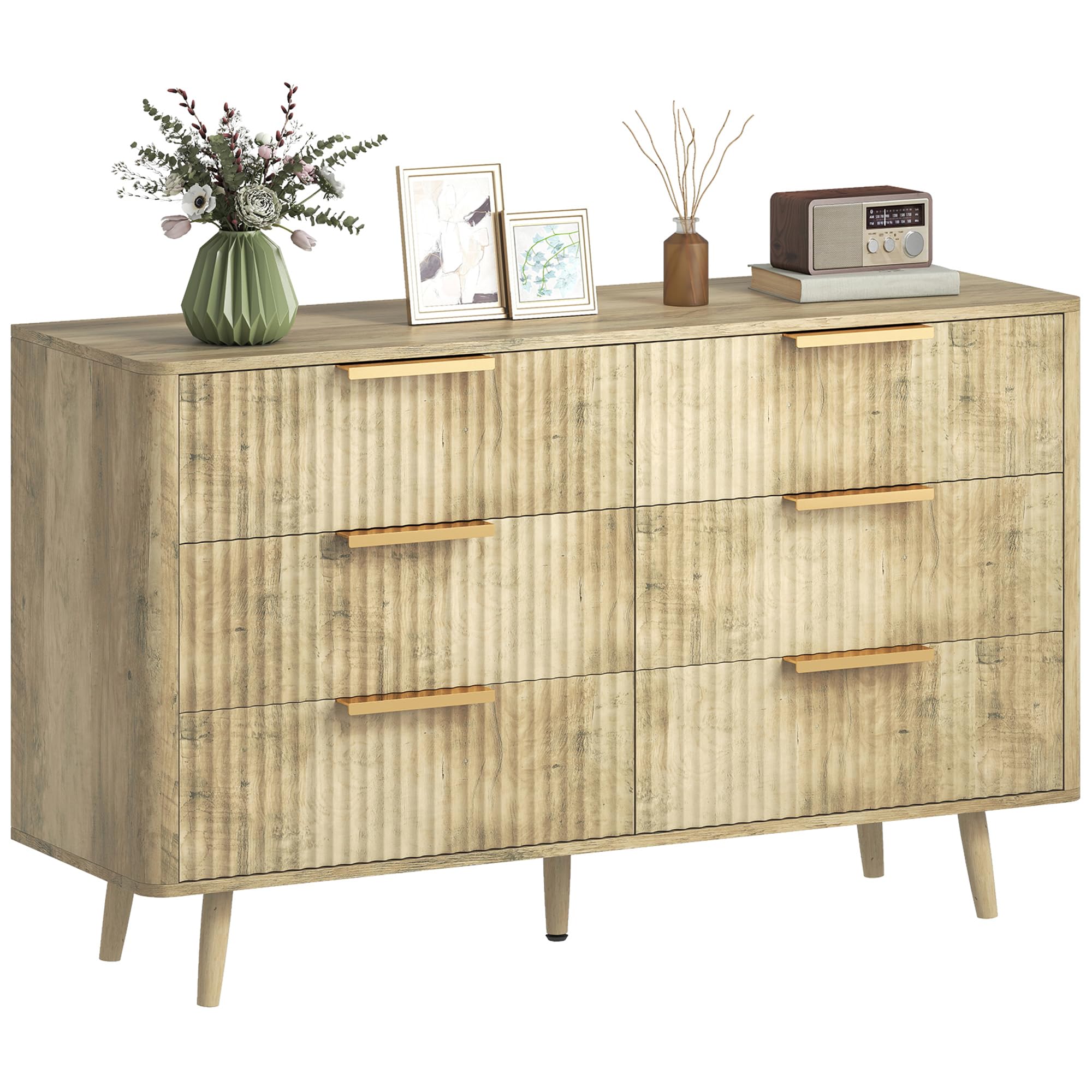 HOMCOM 6-Drawer Fluted Dresser in Oak finish, shown in a bedroom setting.