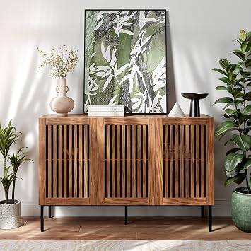 BVIUNTWO Buffet Cabinet, Modern Credenza Storage Cabinet with Adjustable Shelves and Metal Base, 47 Inch Wood Multifunctional Console Table for Kitchen, Living Room, Entryway, Brown