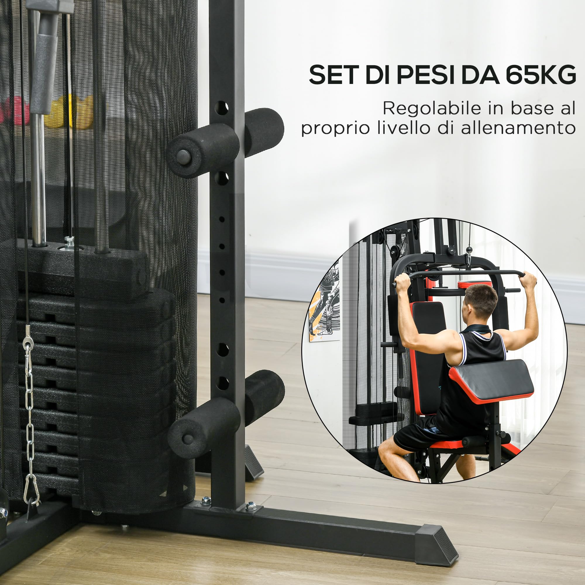 SPORTNOW Stazione Fitness Multifunzione per Allenamento del Corpo, Panca Multifuzione in Acciaio e PU con 65kg di Pesi totale, 225x175x200 cm, Nero