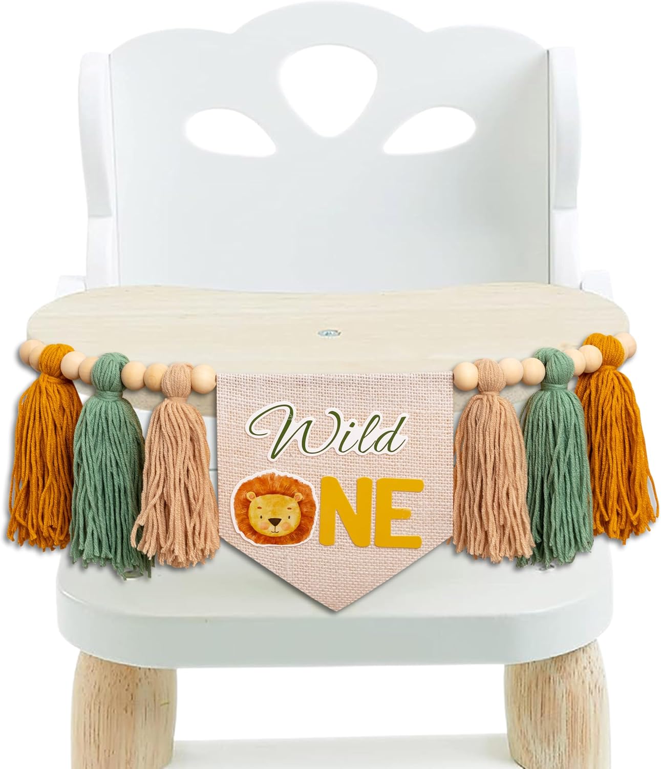 Wild One High Chair Banner - Lion Highchair Banner, Safari Animal Theme First Birthday Tassel Banner for 1st Birthday Party, Baby Shower, Anniversary