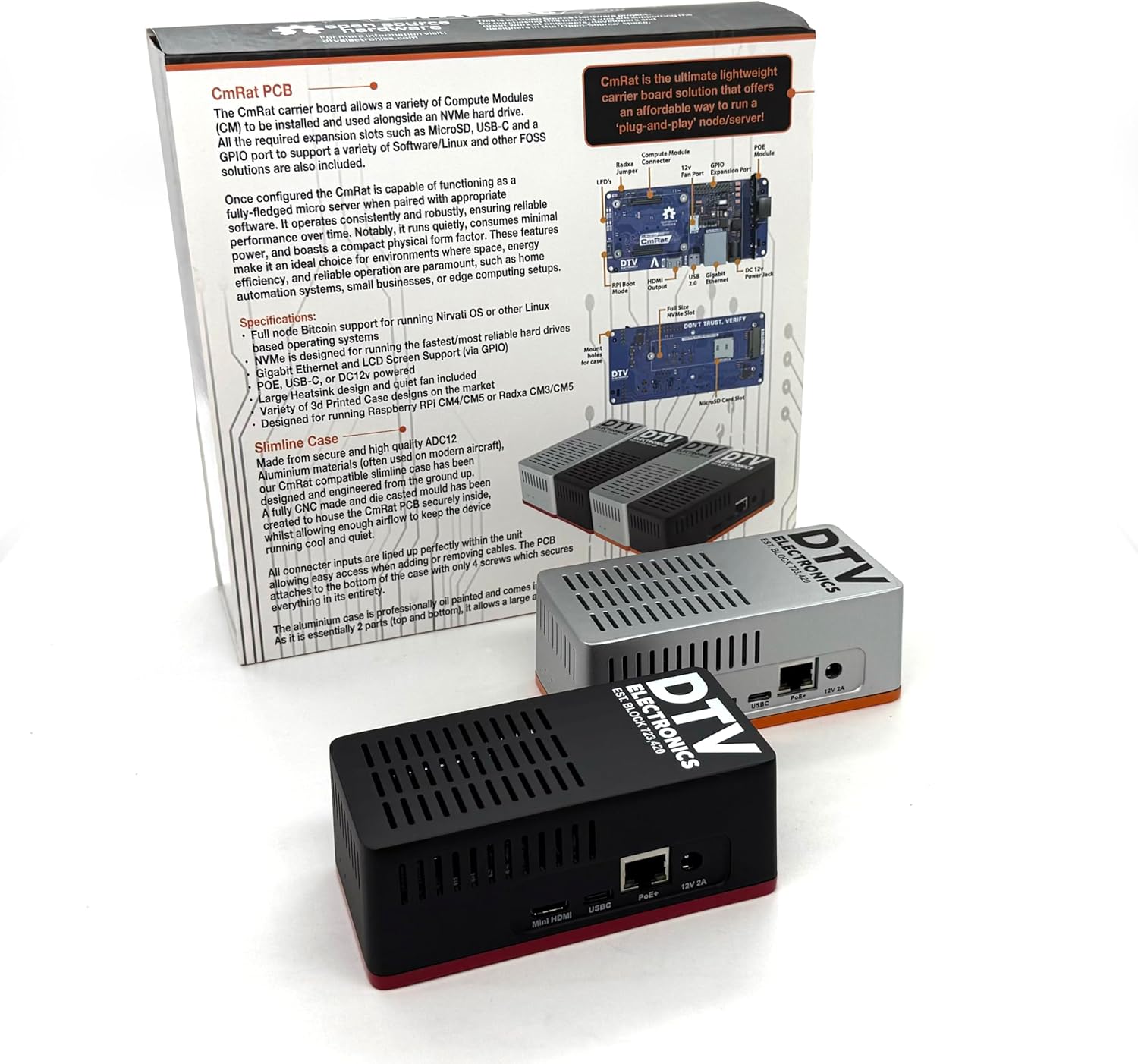 CmRat Carrier Board and Case for RPI Raspberry Pi CM4/CM5 & Radxa CM3/CM5 Compute Modules with NVMe, POE, USB-C, DC12V - Ideal for Home, Office, Business, Colleges and School Use