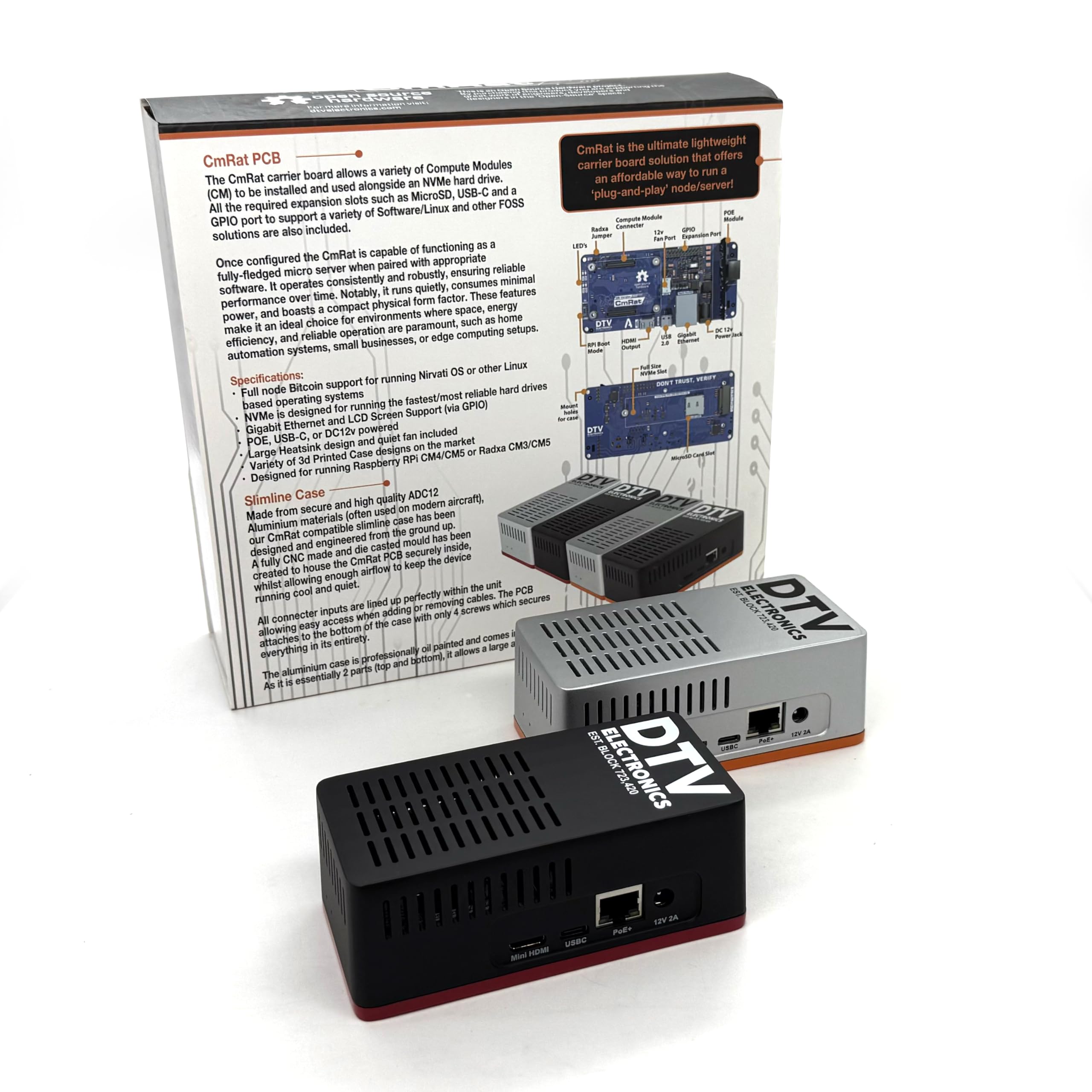 Scheda Carrier e Custodia CmRat per Moduli di Calcolo RPI Raspberry Pi CM4/CM5 e Radxa CM3/CM5 con NVMe, PoE, USB-C, DC12V - Ideale per uso domestico, ufficio, aziendale, universitario e scolastico