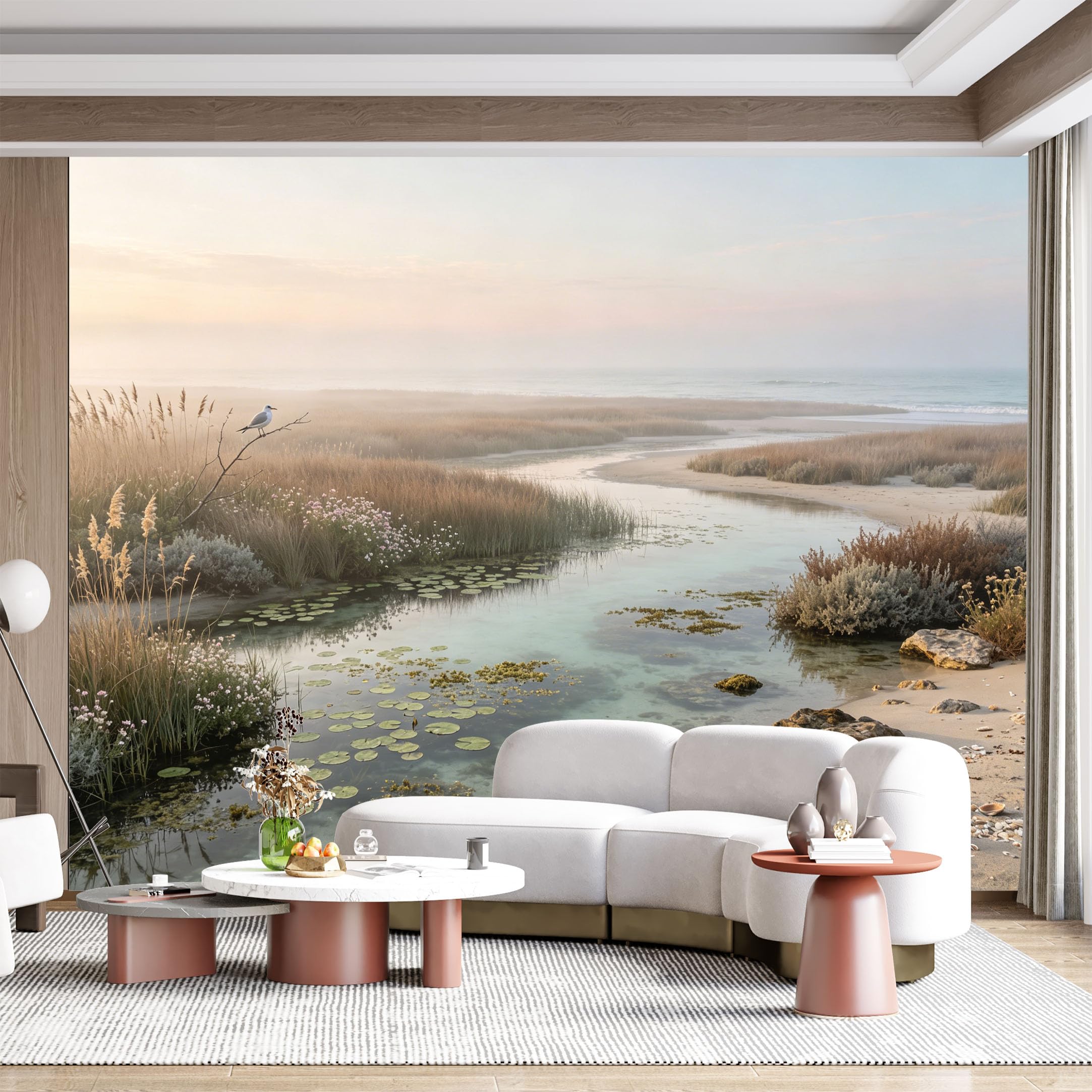 Custom Size Wall Mural Coastal Wetland Seascape Foggy Morning Seagull Tranquil Water Landscape SelfAdhesive Wall Fabric Removable for Home Office Decor
