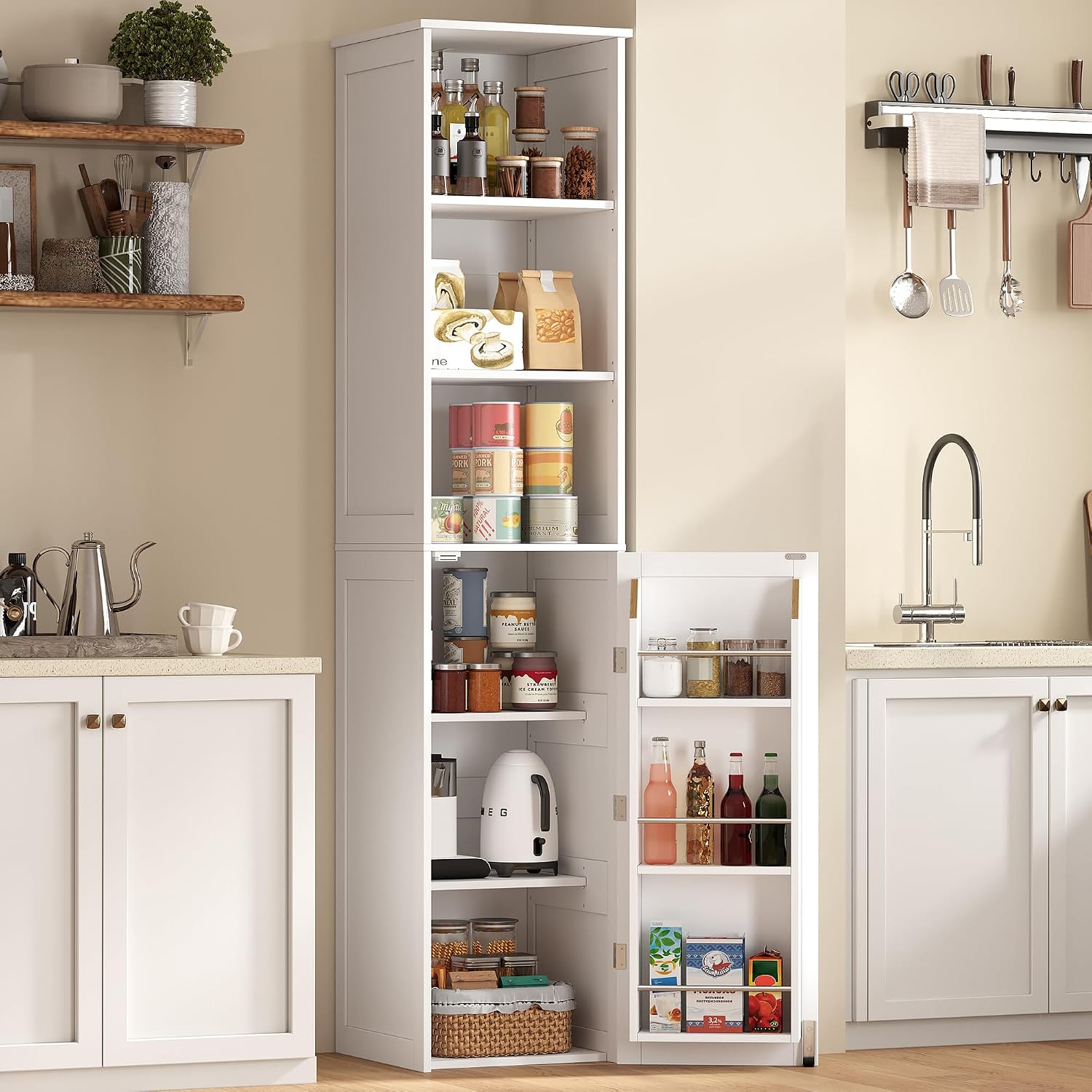 ChooChoo Narrow Kitchen Pantry Storage Cabinet, Slim Storage Cabinet with Adjustable Shelves and Open Shelves, Tall Freestanding Pantry Cabinet for Small Spaces, Kitchen, Dining Room, Bathroom, White