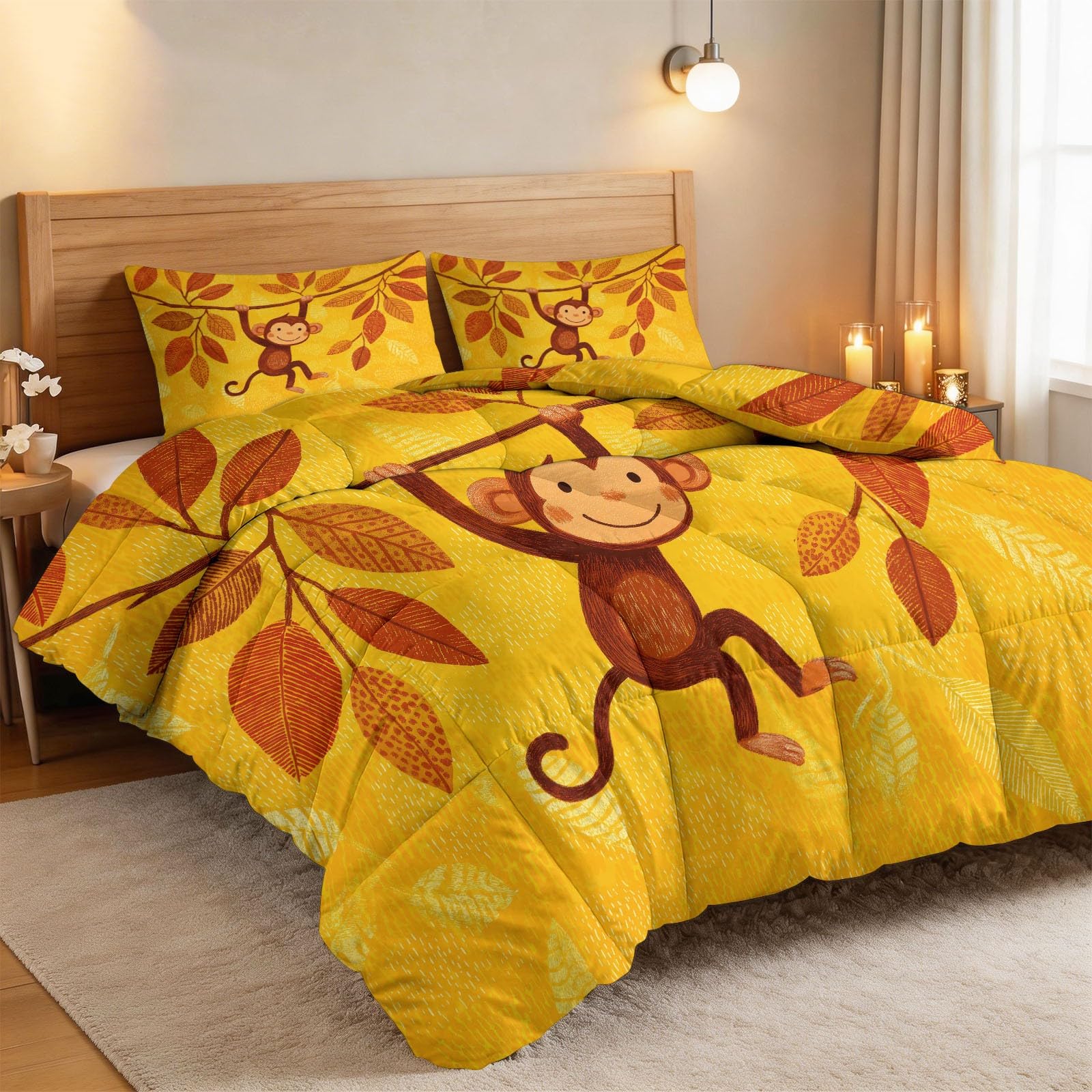 Bettdecke ohne Bezug 135 x 200 cm für Jungen Mädchen Kinder Babygeschenk, Waschbare Süß Natur Tiere Affe Ganzjahresdecke Steppdecke - Gelb Schlafdecke Sommerdecke Bedruckt für alle 4 Jahreszeiten