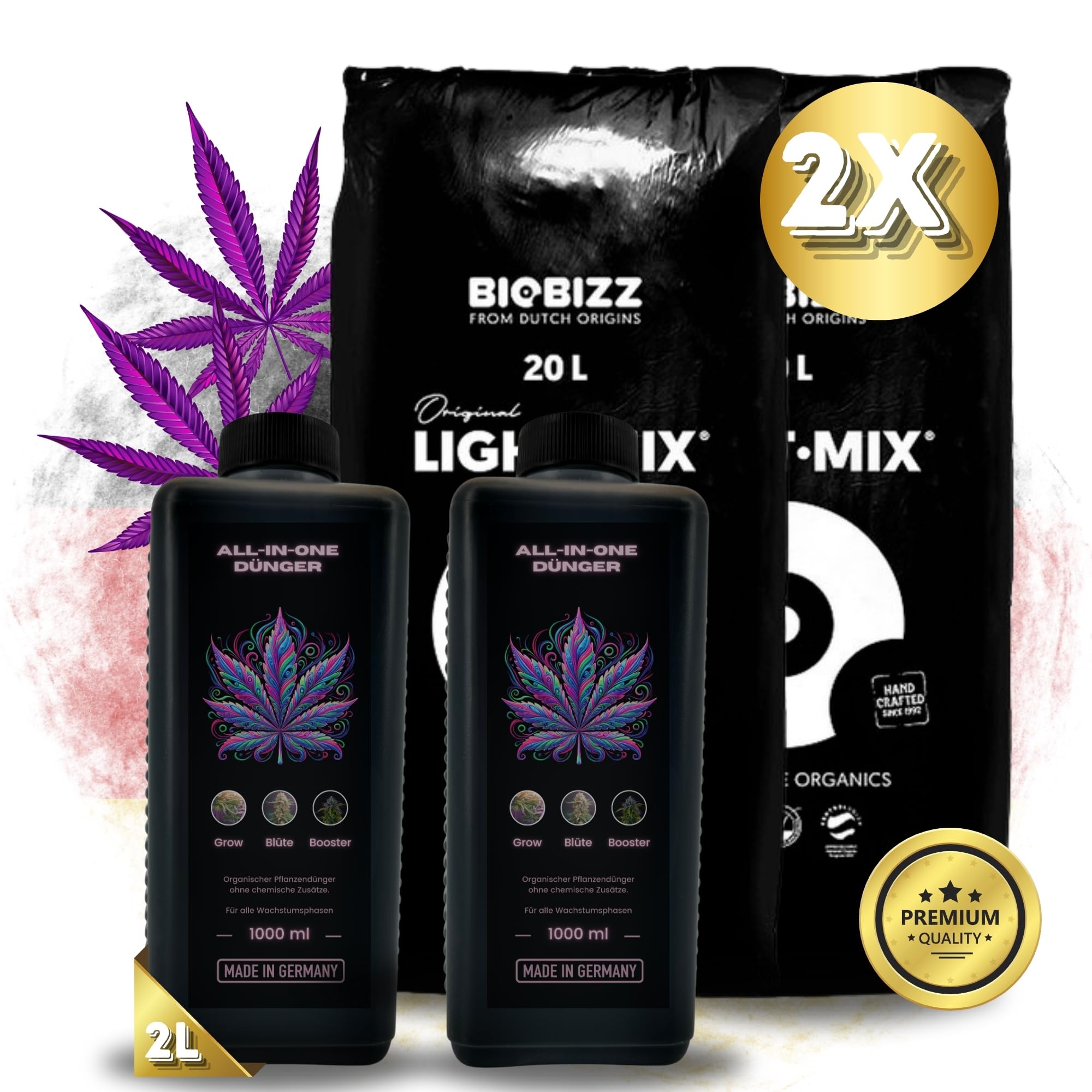 TronicXL Lot de 2 engrais tout en un pour BioBizz + 2 sacs Light Mix Grow Terre pour la culture et la floraison Lightmix Kit complet de culture Try Pack