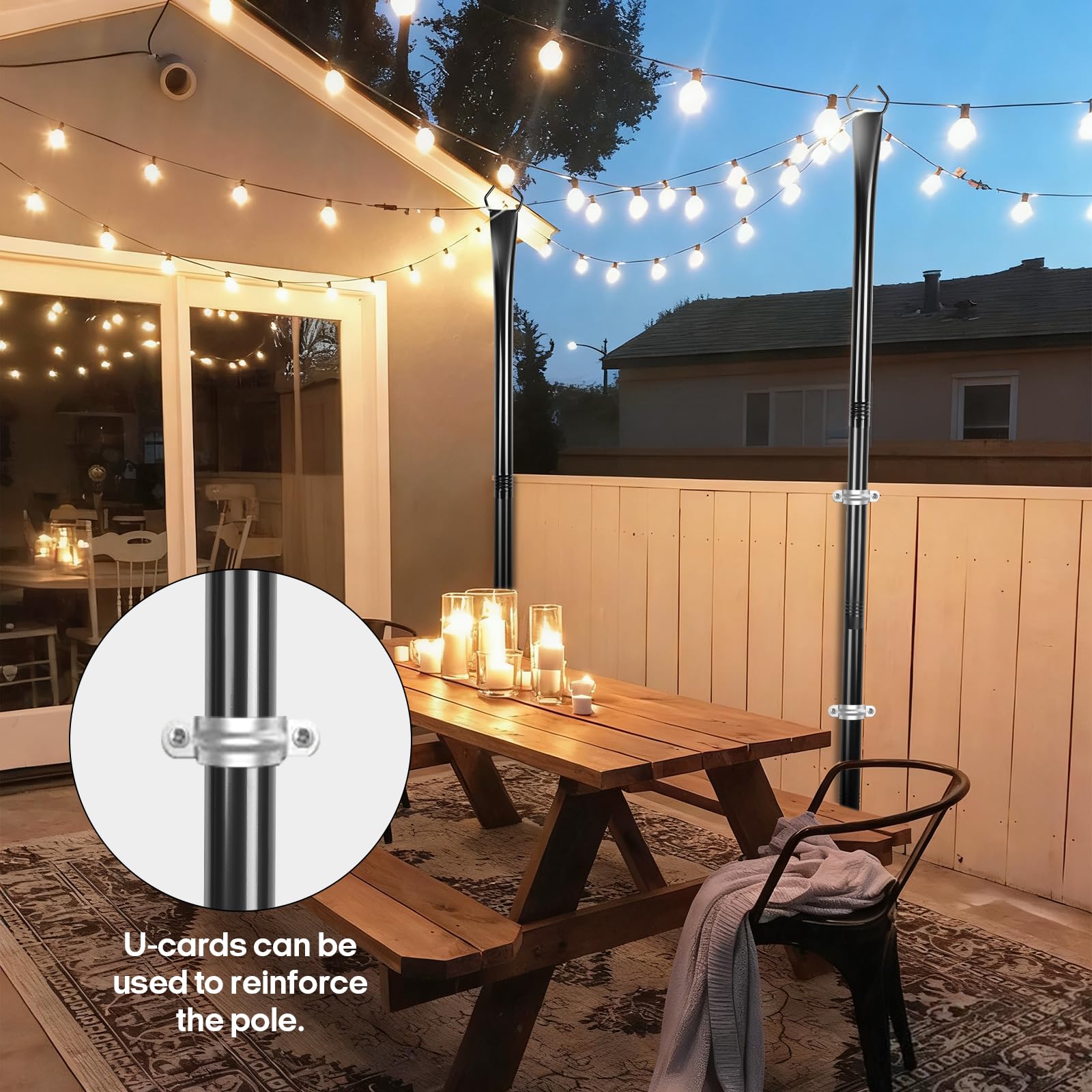 Paquete de 4 postes de luz de cadena de 9.8 pies, postes de metal resistentes con tenedor, resistentes a la intemperie, para exteriores, patio, jardín, terraza, patio, boda, fiesta, decoración