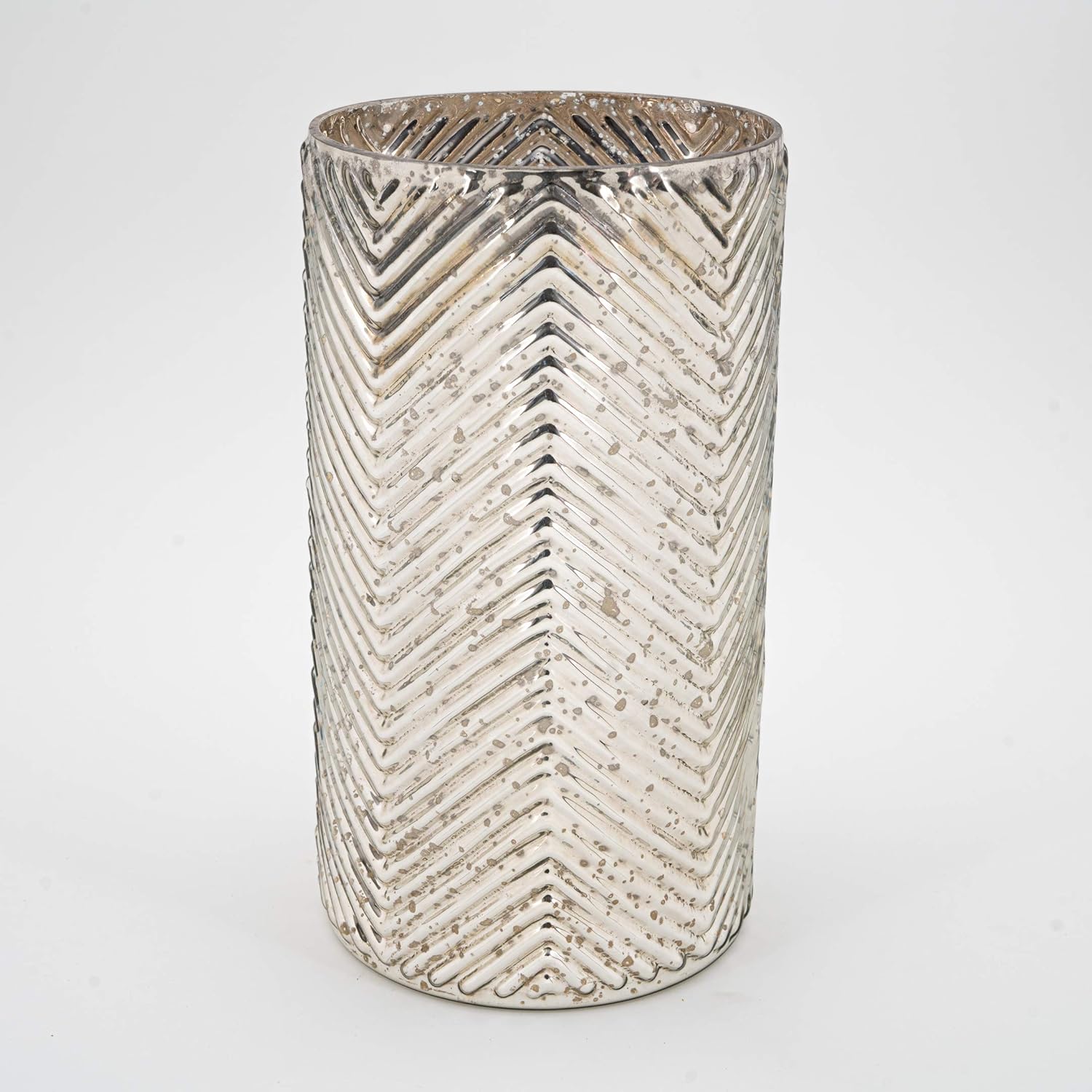 Glossy Silver Speckled Mercury Glass Cylindrical Vase Chevron Pattern 11.5" High