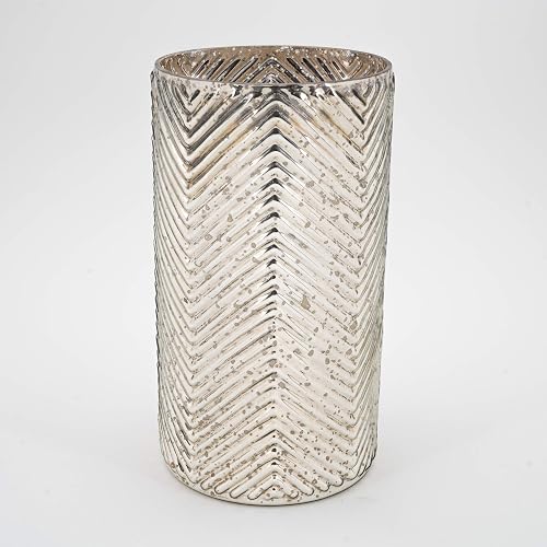Glossy Silver Speckled Mercury Glass Cylindrical Vase Chevron Pattern 11.5" High