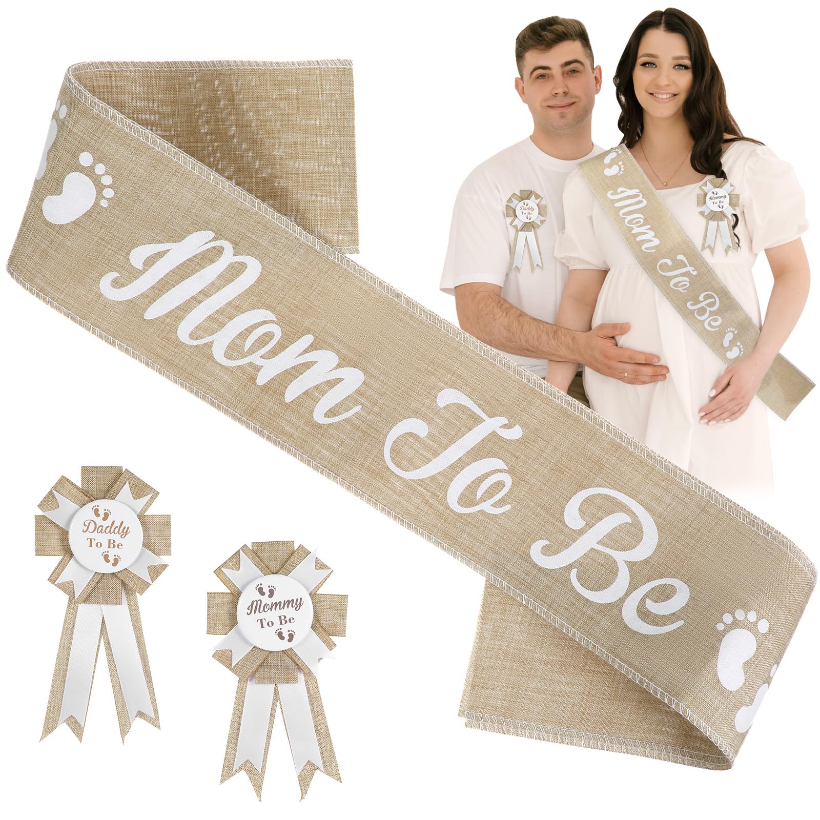 PEOVLVN Mom to Be Sash, Neutral Burlap Mommy to Be Sash with Mommy to Be and Daddy to Be Badge Pins Baby Shower Decorations for Pregnant Mommy Gift Gender Reveal Party