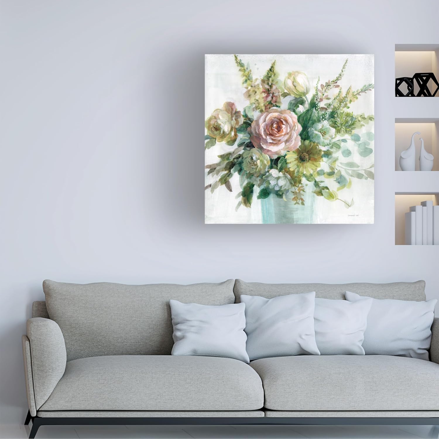 24" x 24" Sage and Peach Floral Canvas Wall Art
