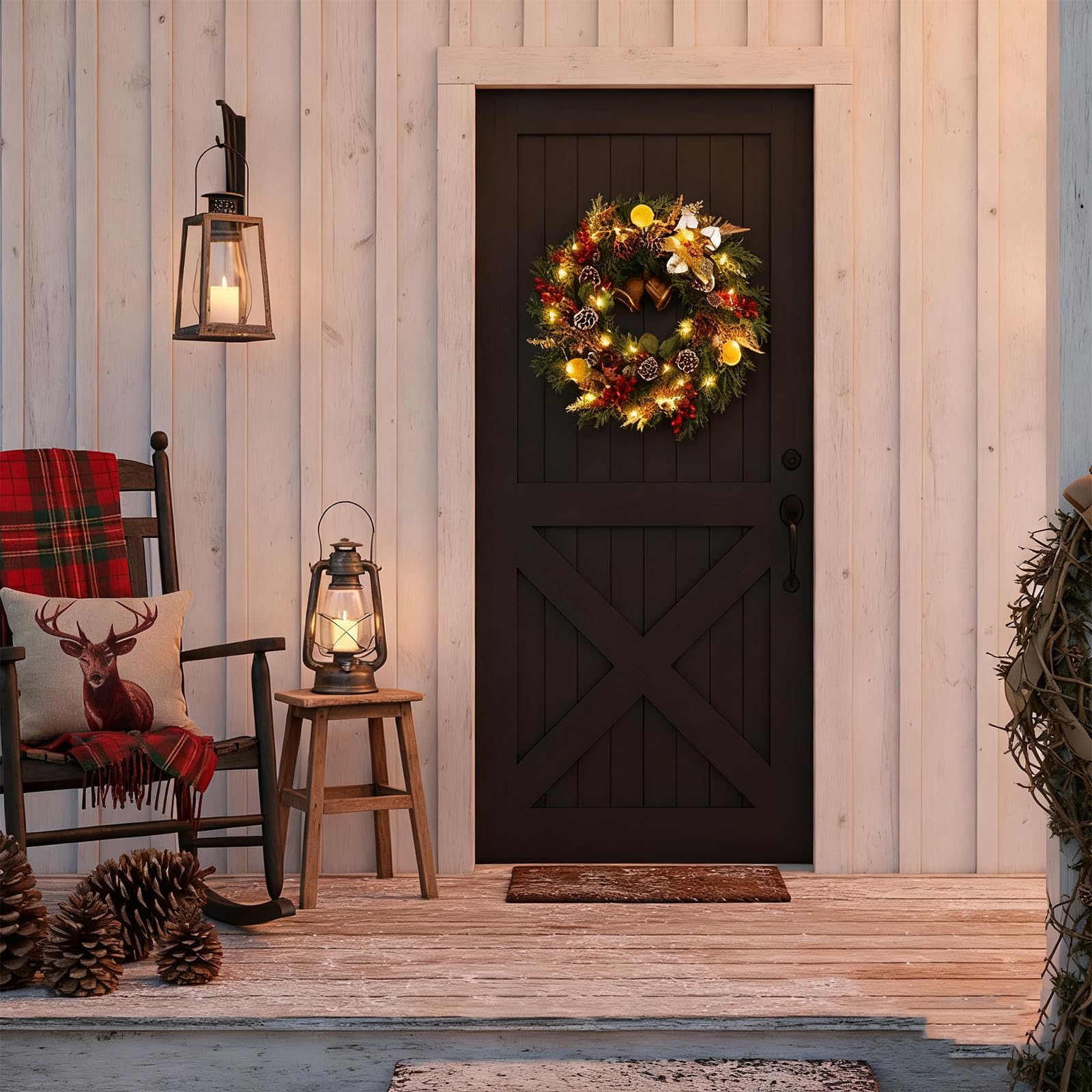 Ghirlanda natalizia pre-illuminata da 55,9 cm, con gancio regolabile per porta d'ingresso, ghirlande natalizie artificiali con pigne smerigliate, campane, bacche rosse e fette di limone, fatte