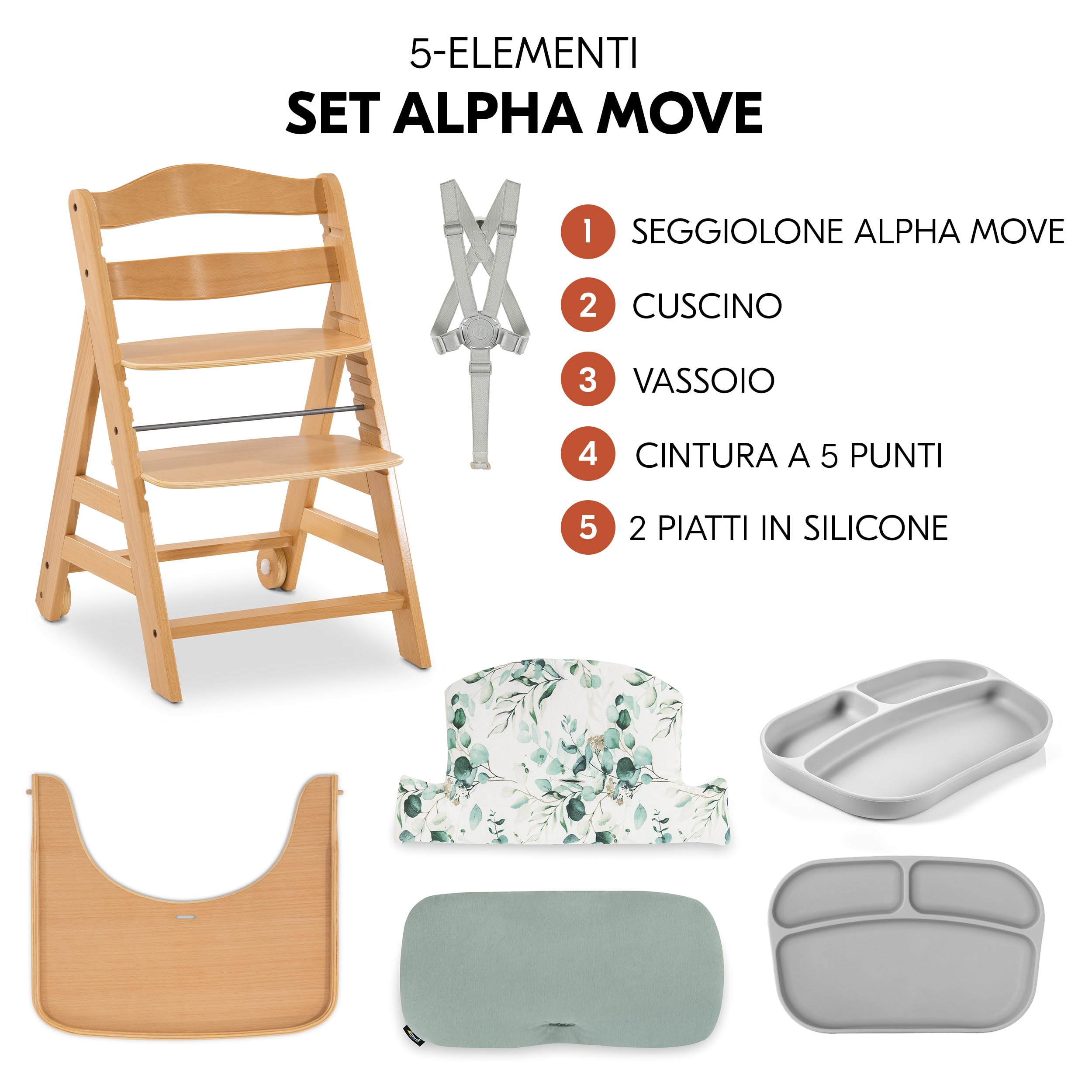 hauck Seggiolone Set Alpha+ Move - Sedia Evolutiva Legno con Ruote, Vassoio e Cuscino - 2 Piatti in Silicone - Legno/Mint