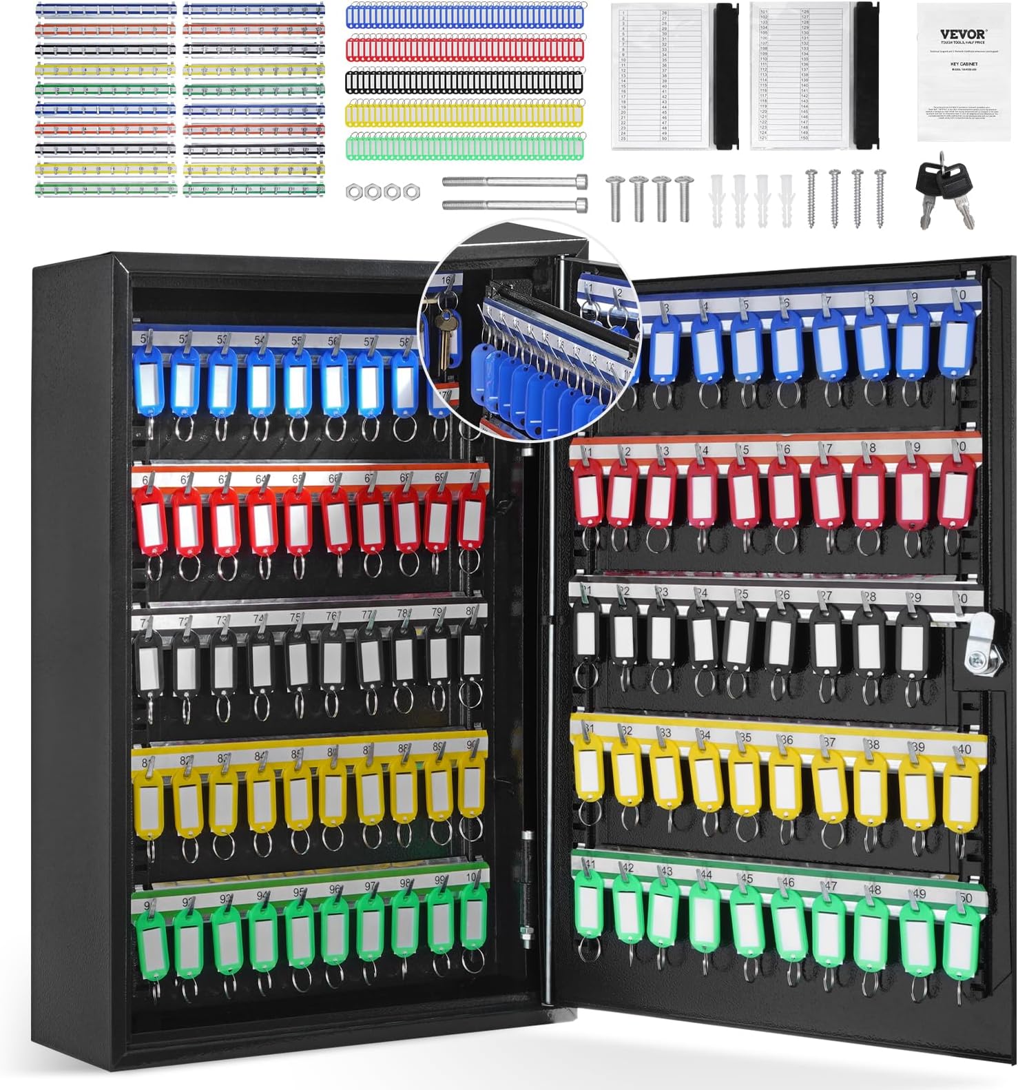 VEVOR 200-Key Cabinet, Key Lock Box with Adjustable Racks, Security Key Storage Box Steel, Key Organizer with 200 Colorful Key Tags and 4 Record Cards for School, Office, Hotel