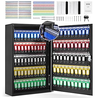 VEVOR 200-Key Cabinet, Key Lock Box with Adjustable Racks, Security Key Storage Box Steel, Key Organizer with 200 Colorful Key Tags and 4 Record Cards for School, Office, Hotel